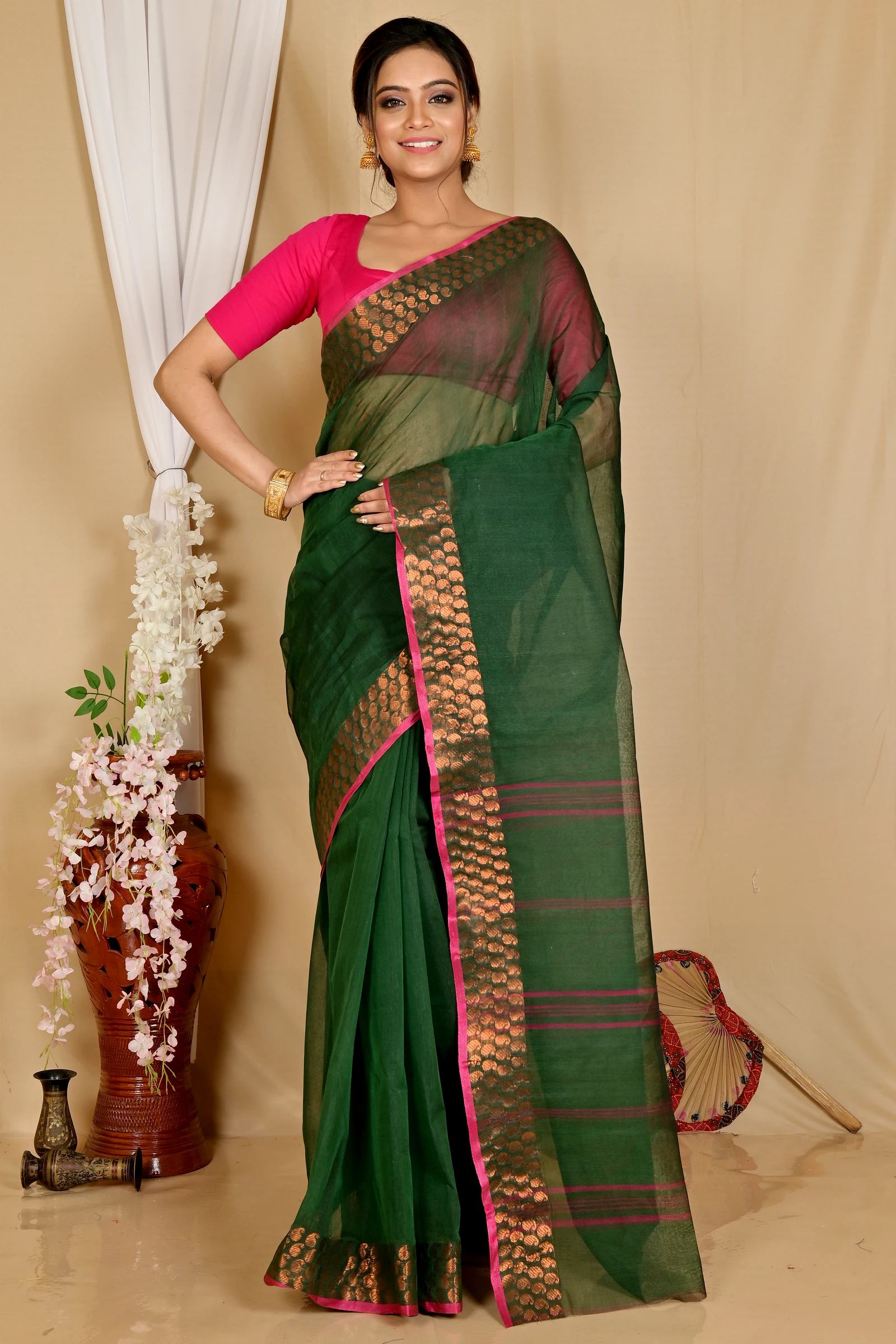 Dark Green Pure Cotton Lilan Tant Saree (1428)