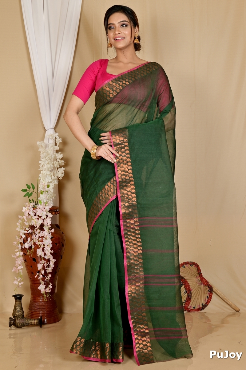 Dark Green Pure Cotton Lilan Tant Saree (1428)