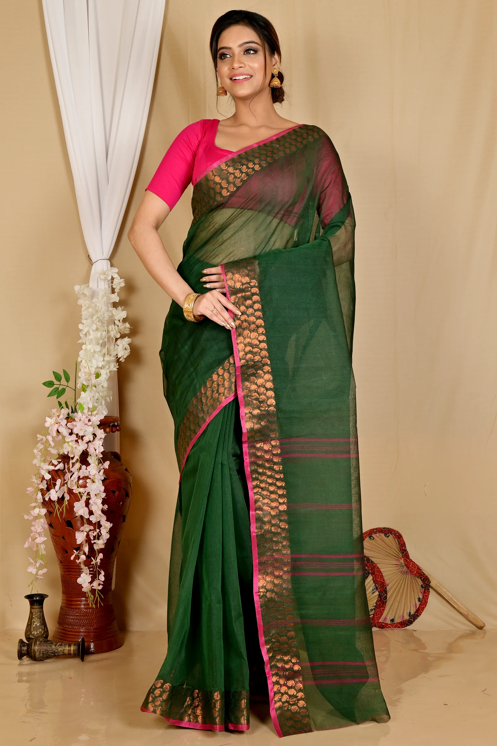 Dark Green Pure Cotton Lilan Tant Saree (1428)