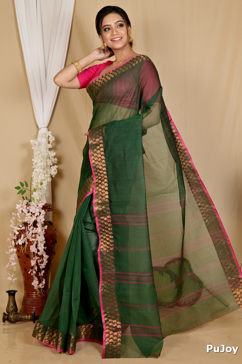 Dark Green Pure Cotton Lilan Tant Saree (1428)