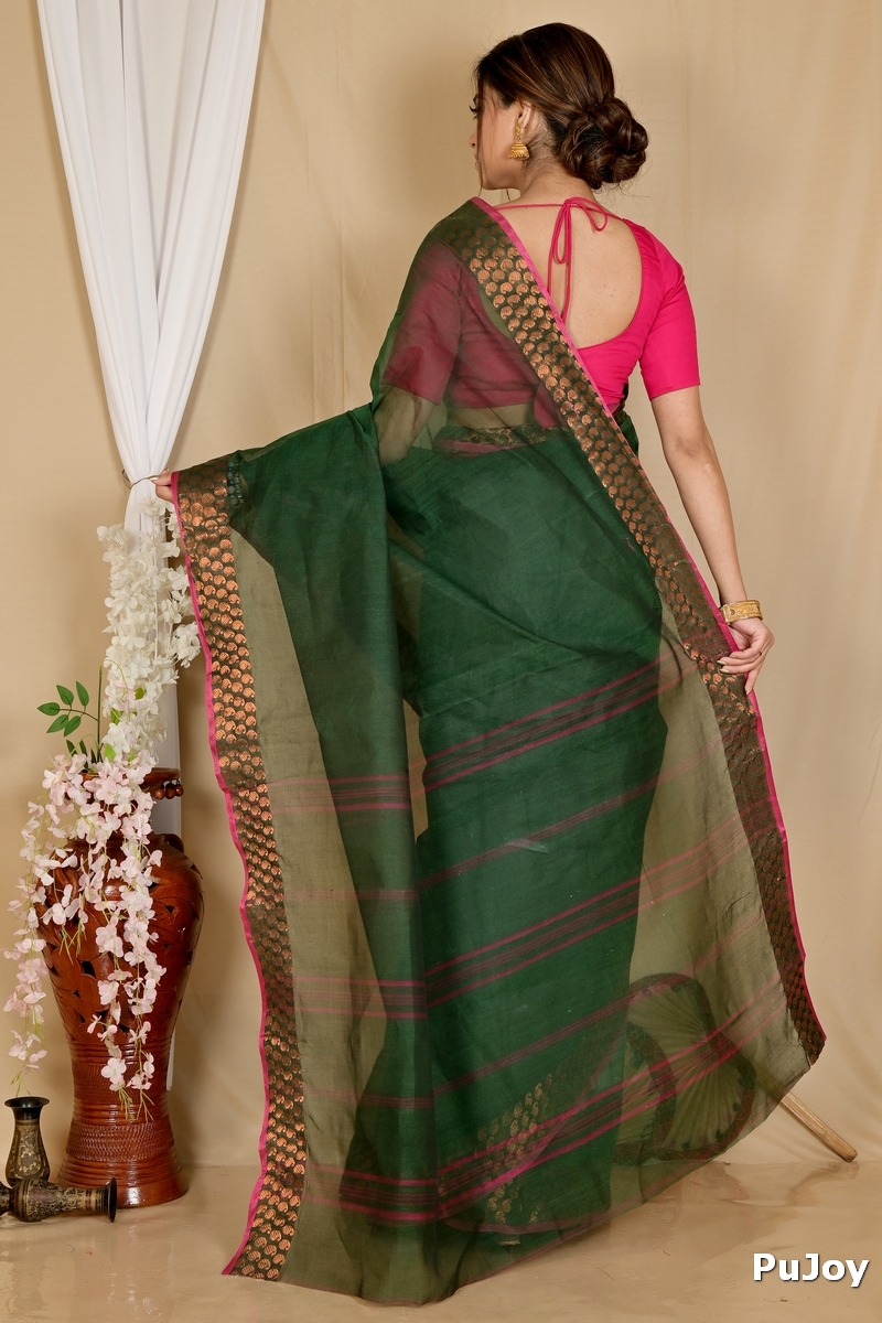 Dark Green Pure Cotton Lilan Tant Saree (1428)