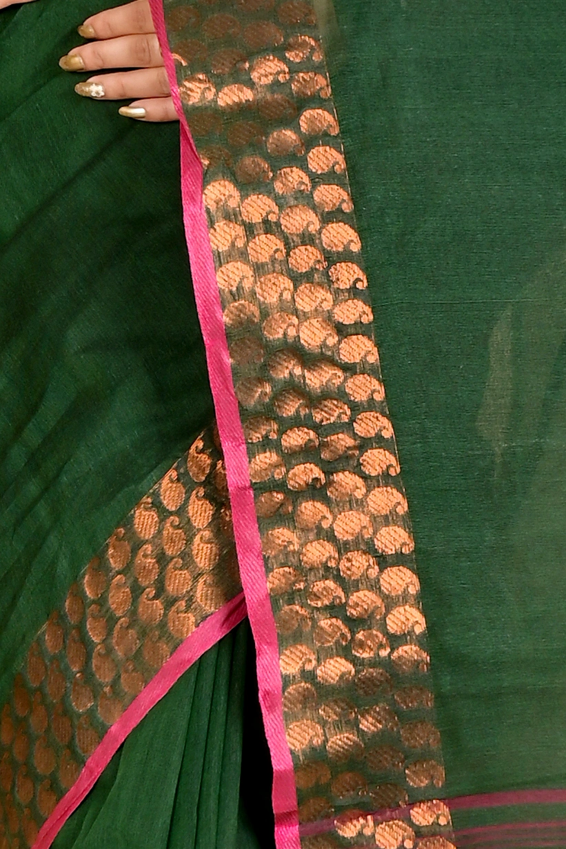 Dark Green Pure Cotton Lilan Tant Saree (1428)