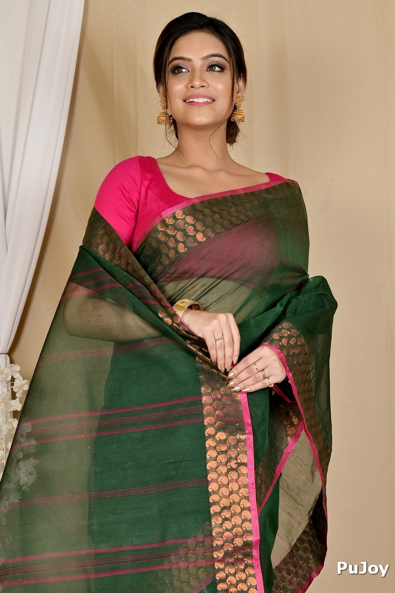 Dark Green Pure Cotton Lilan Tant Saree (1428)