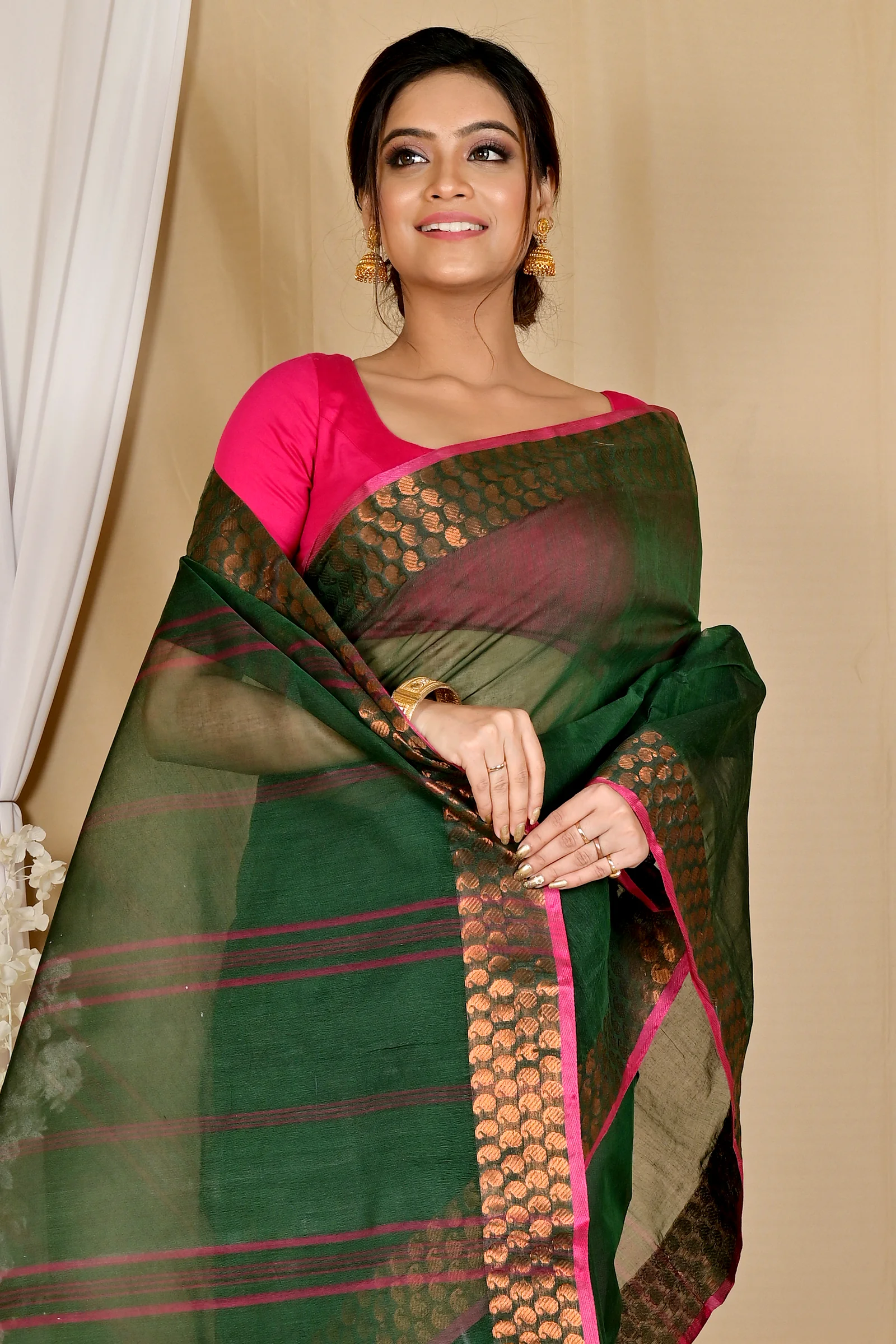 Dark Green Pure Cotton Lilan Tant Saree (1428)