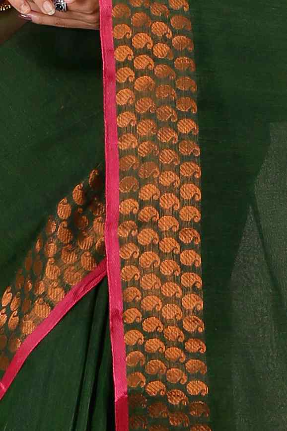 Dark Green Pure Cotton Lilan Tant Saree (1428)