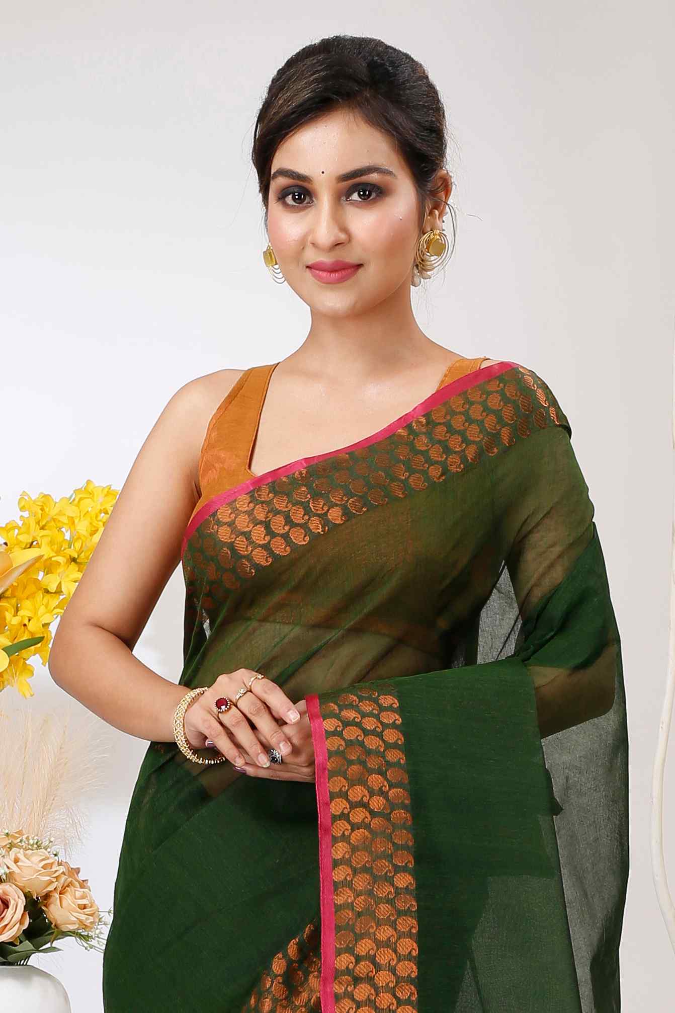 Dark Green Pure Cotton Lilan Tant Saree (1428)