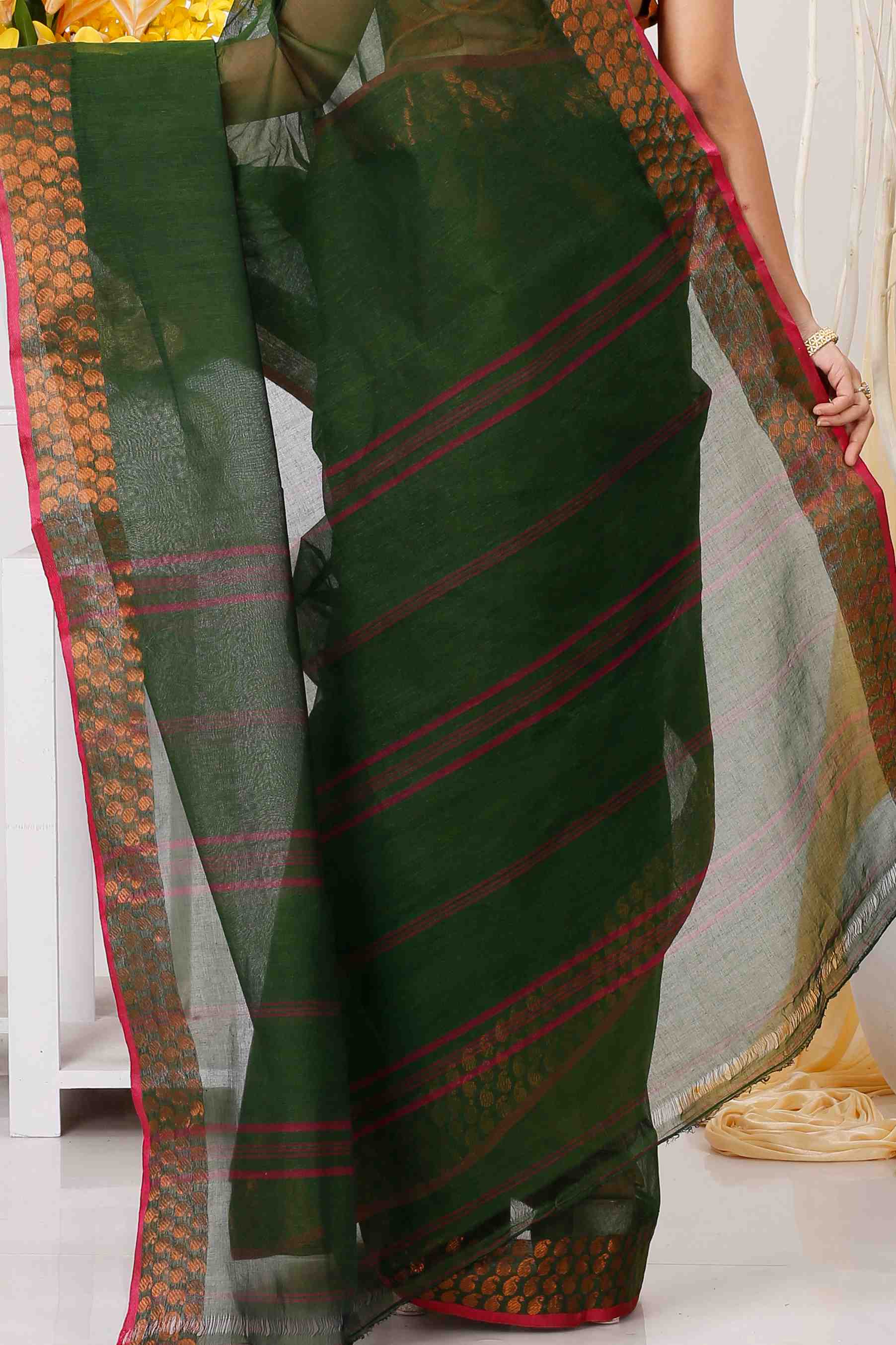 Dark Green Pure Cotton Lilan Tant Saree (1428)