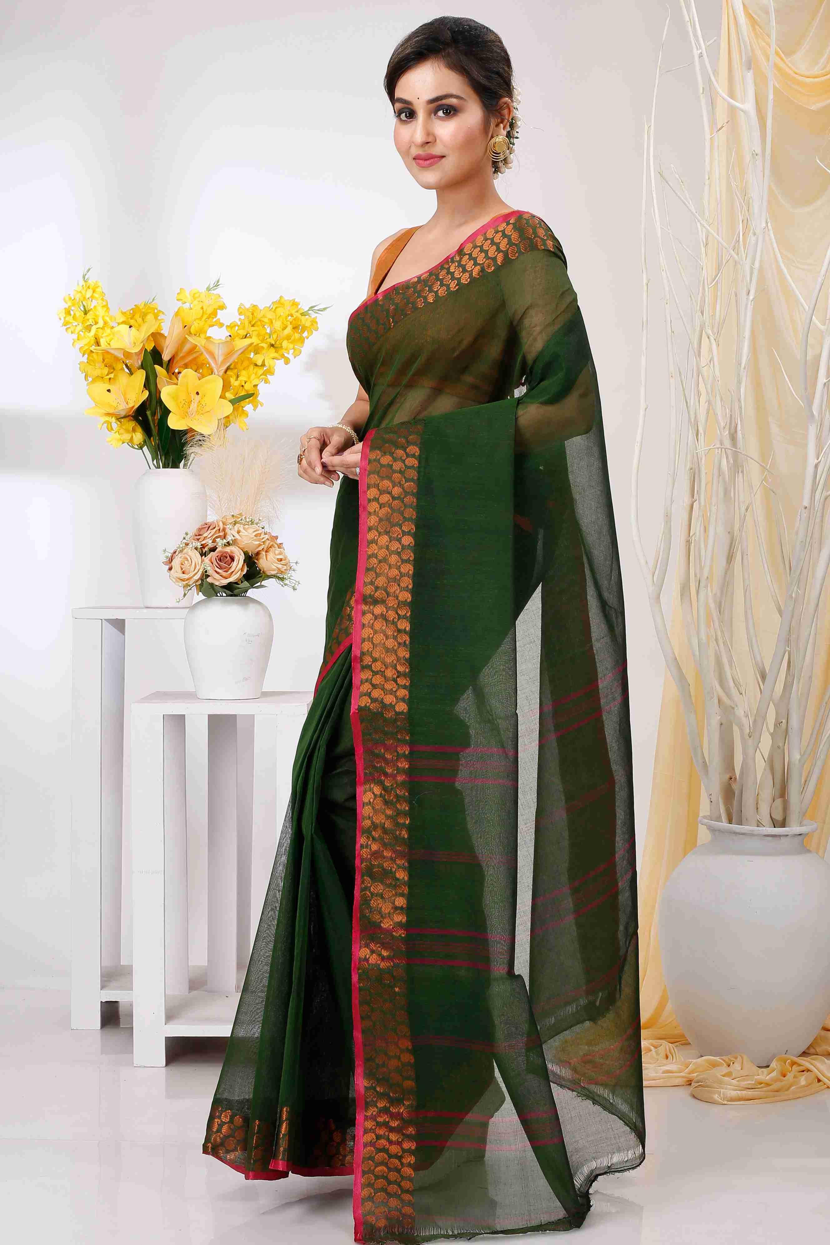 Dark Green Pure Cotton Lilan Tant Saree (1428)