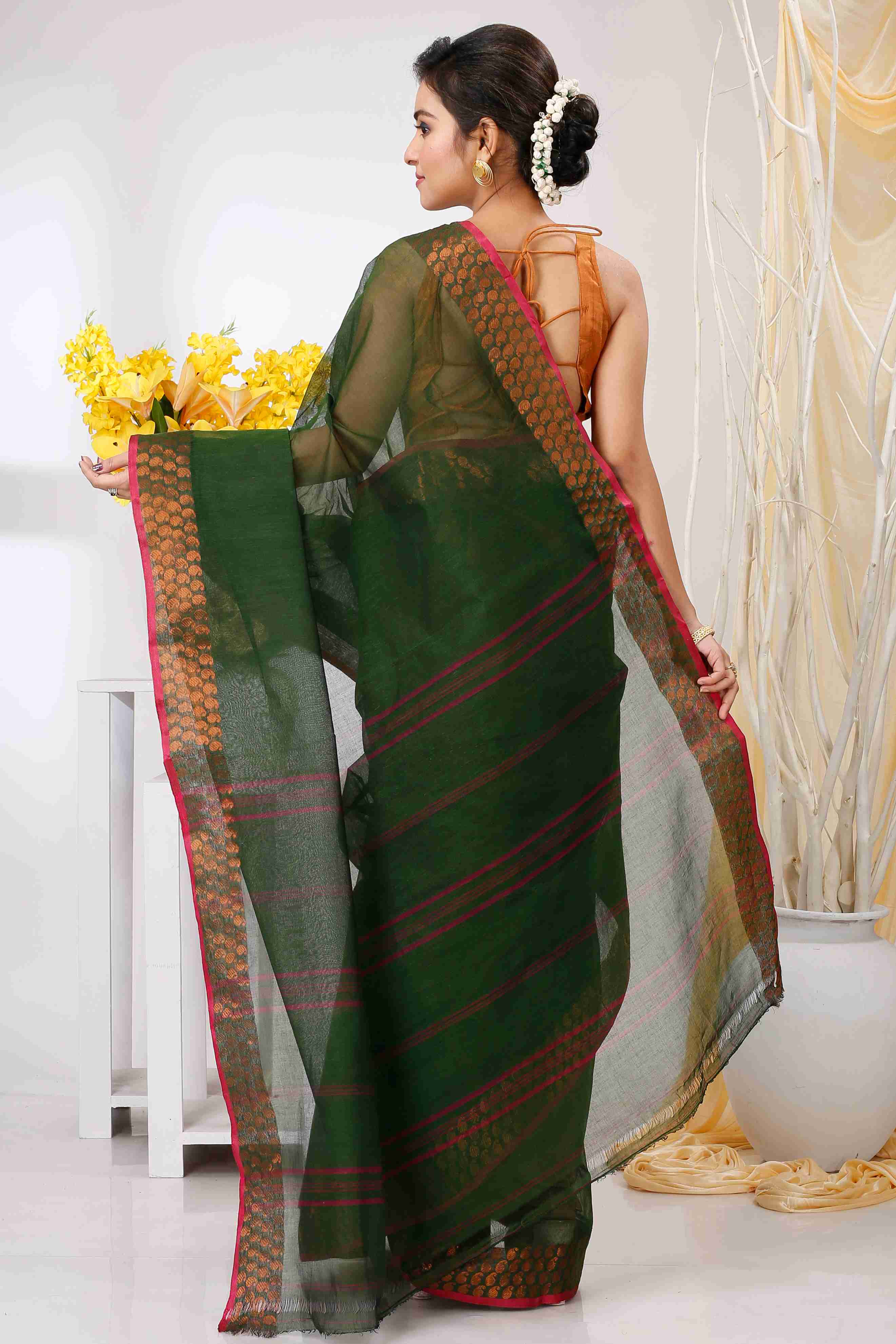 Dark Green Pure Cotton Lilan Tant Saree (1428)