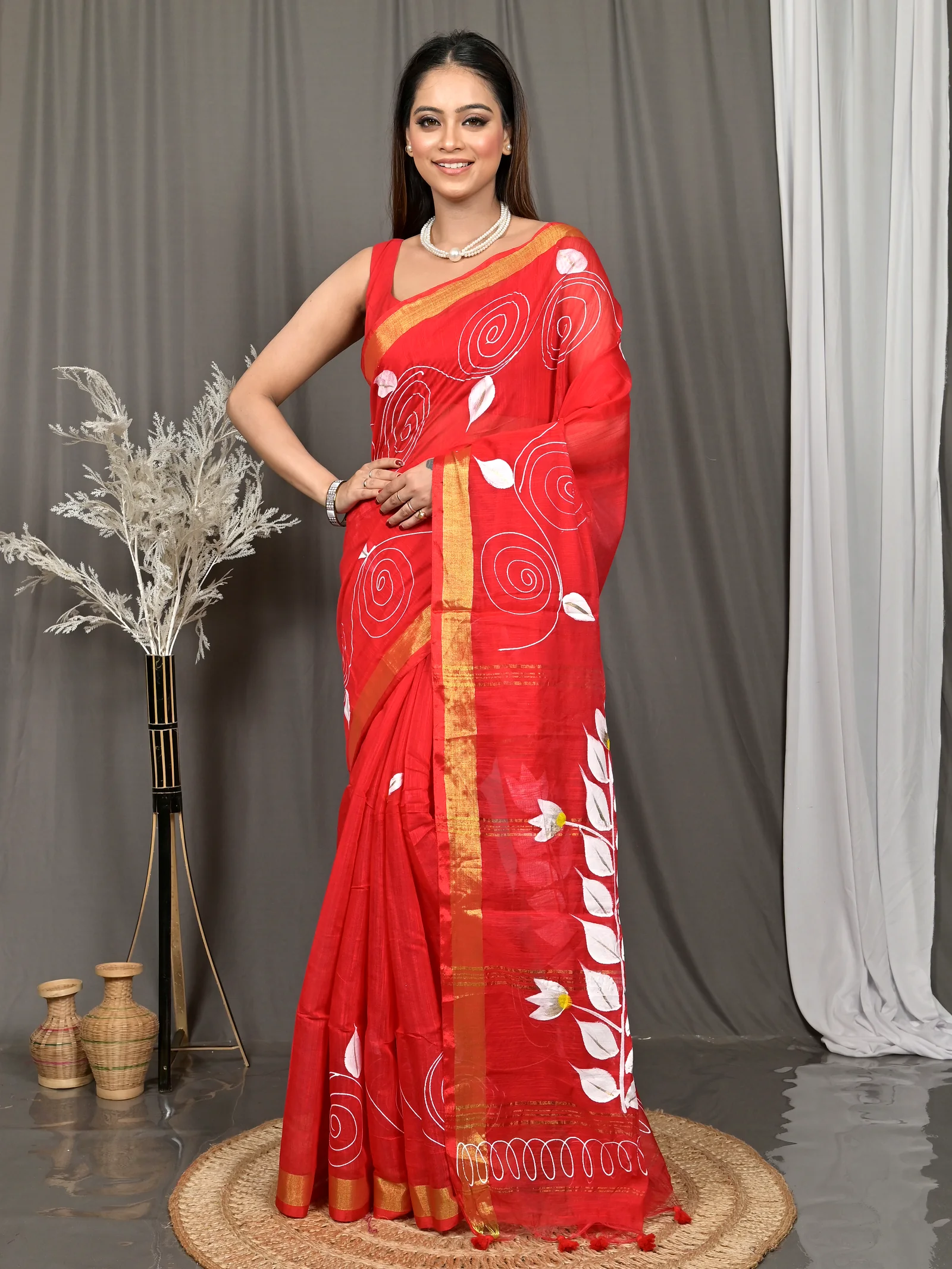 Red Cotton Souvar Hand Painted Saree  (143)