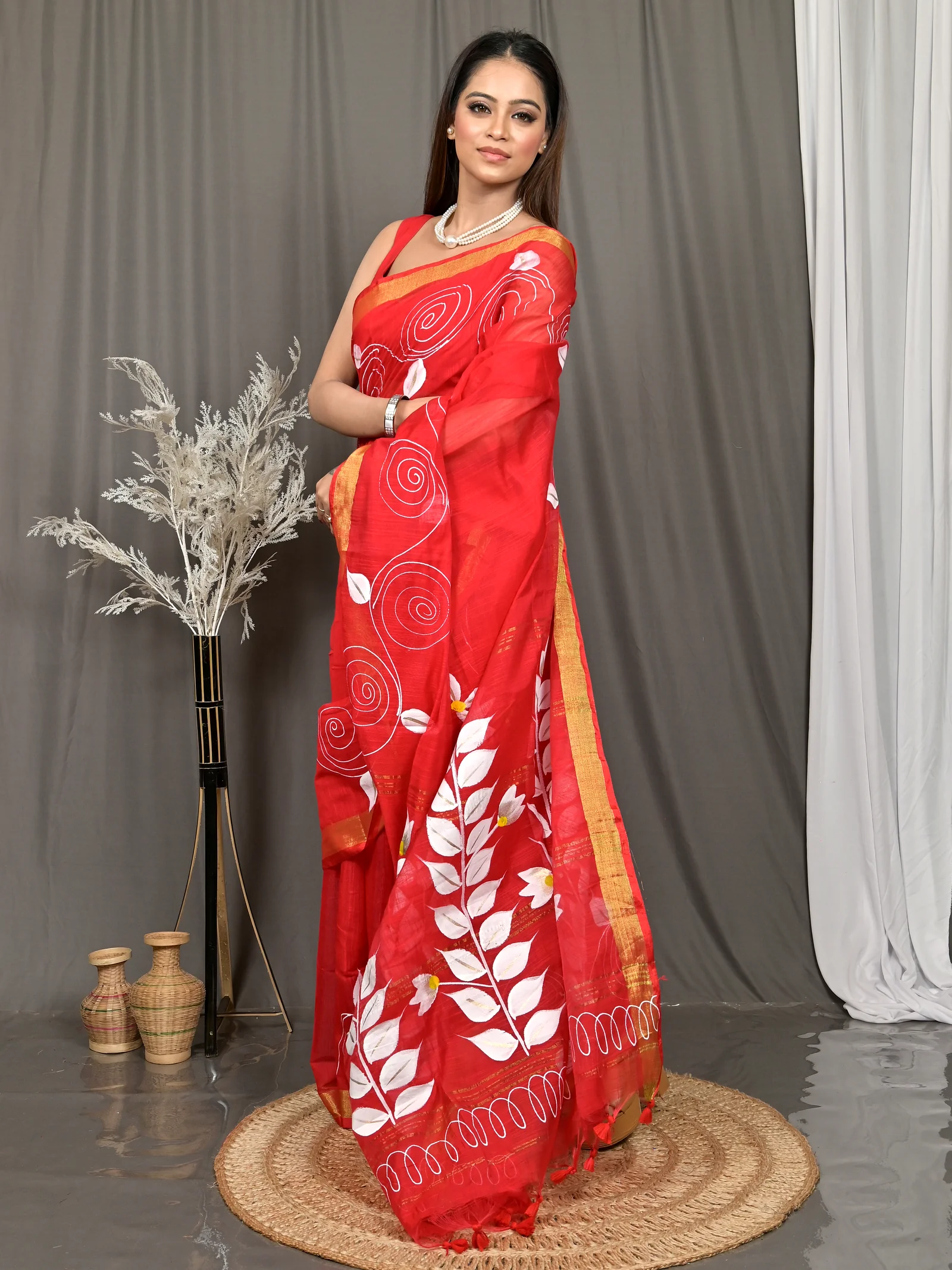 Red Cotton Souvar Hand Painted Saree  (143)