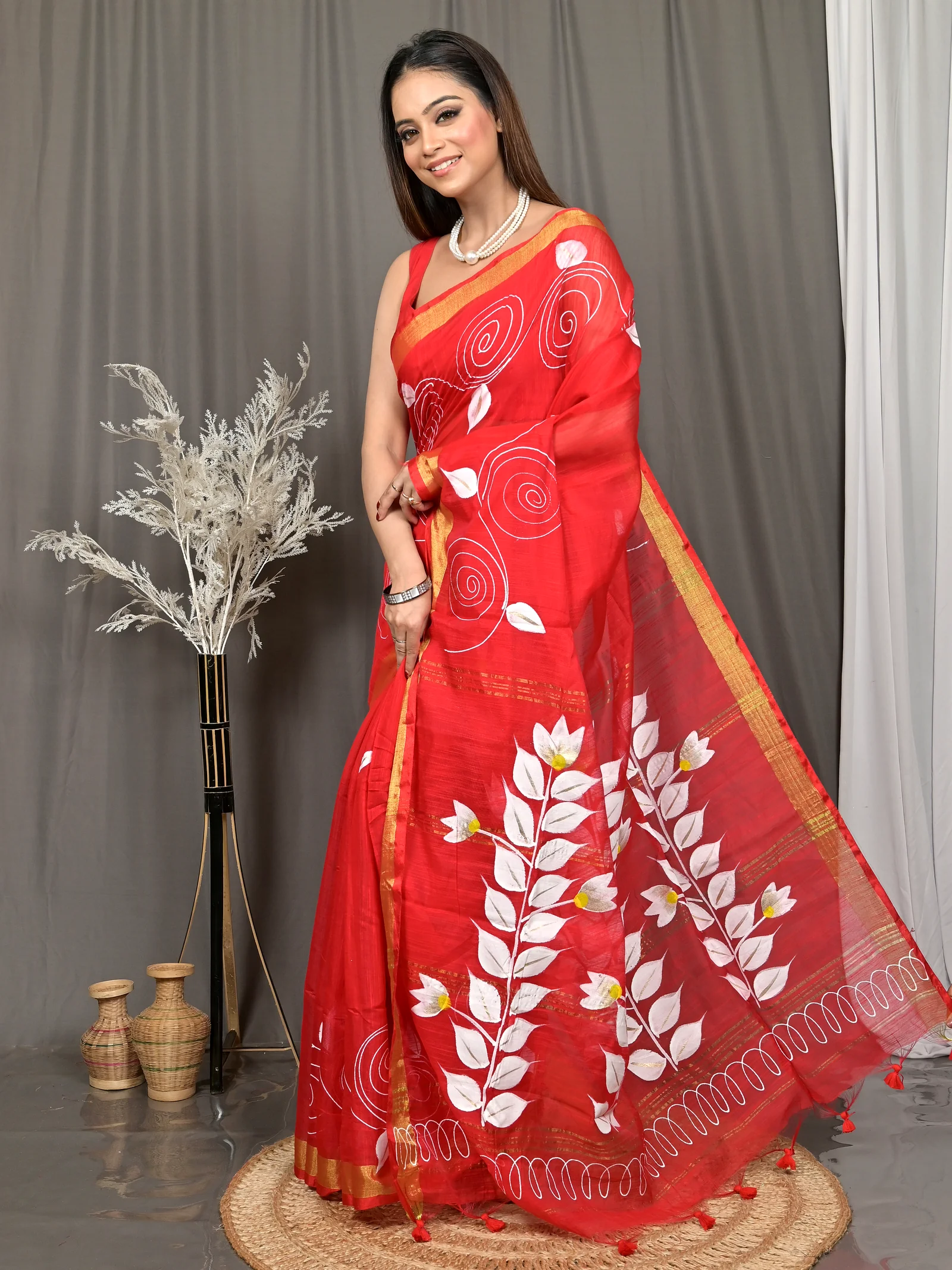 Red Cotton Souvar Hand Painted Saree  (143)
