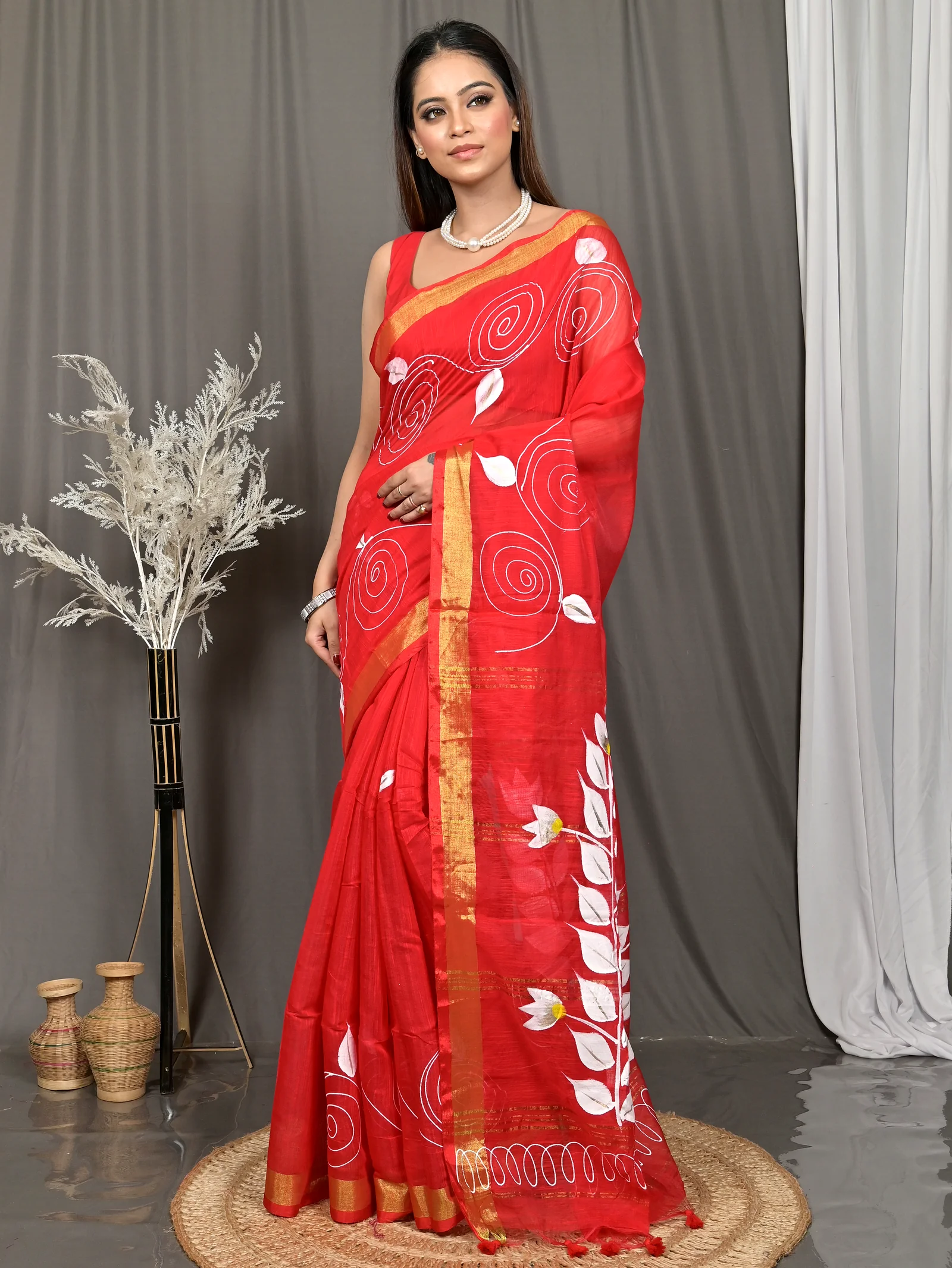 Red Cotton Souvar Hand Painted Saree  (143)