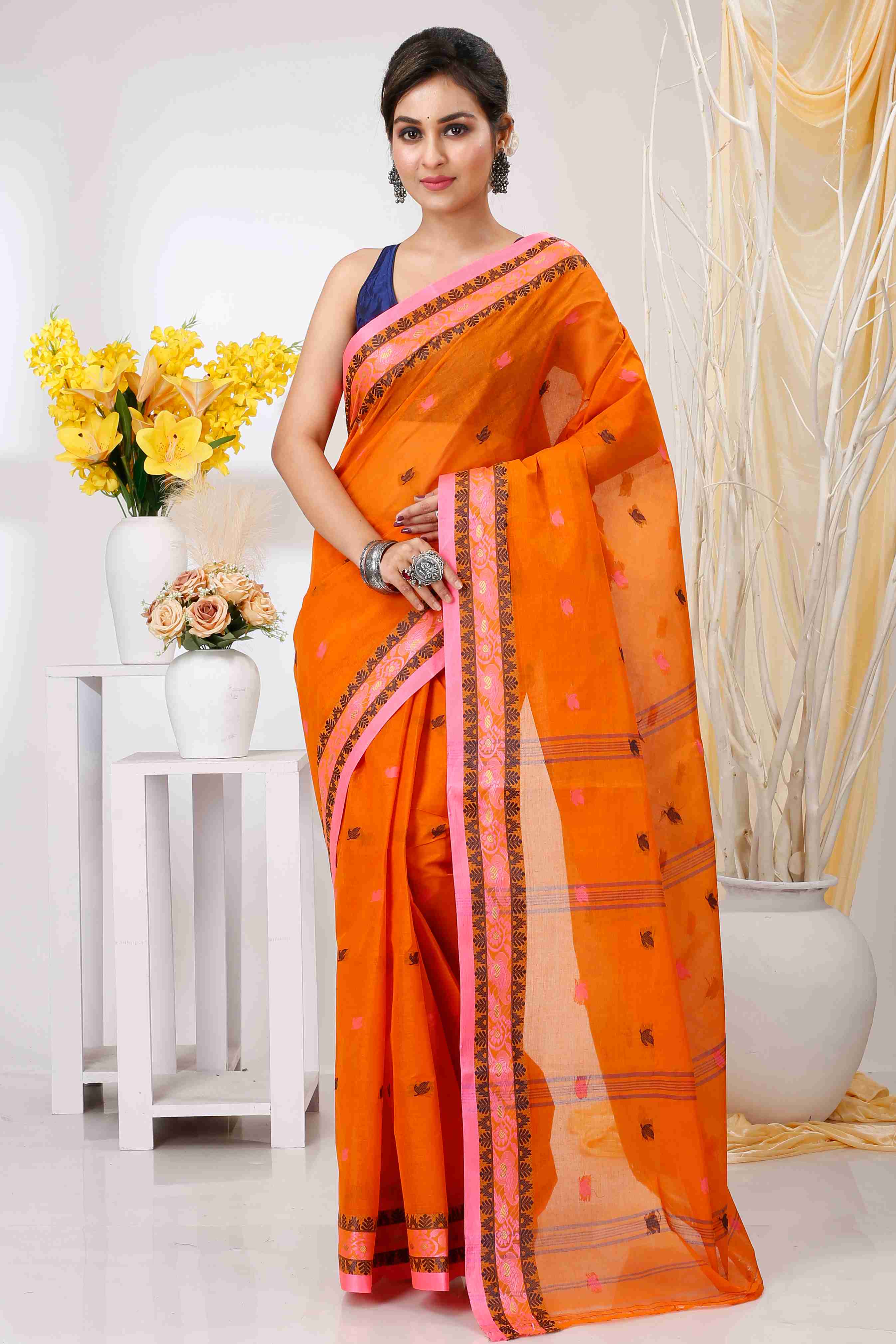 Orange Pure Cotton Leron Tant Saree (1431)