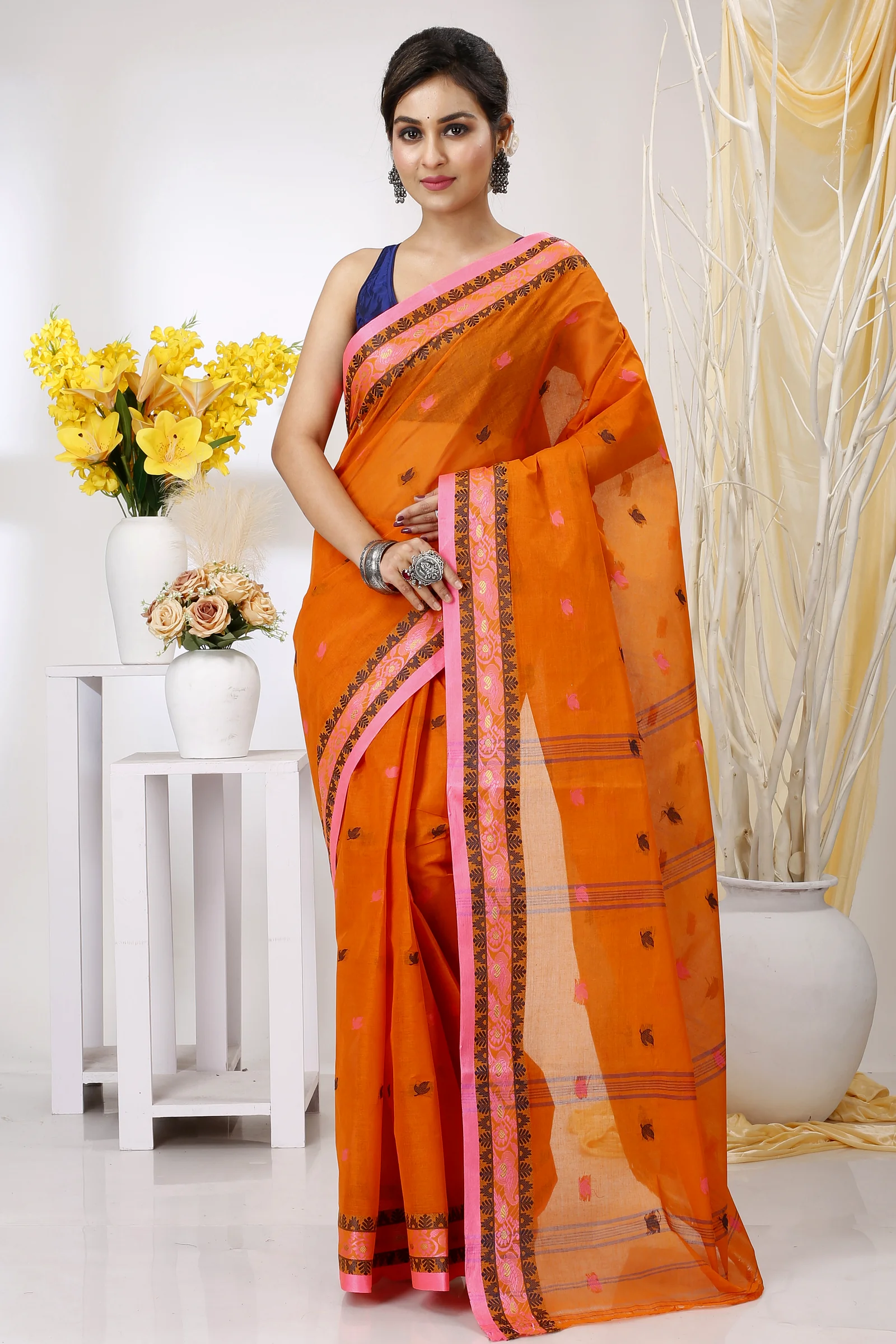 Orange Pure Cotton Leron Tant Saree (1431)