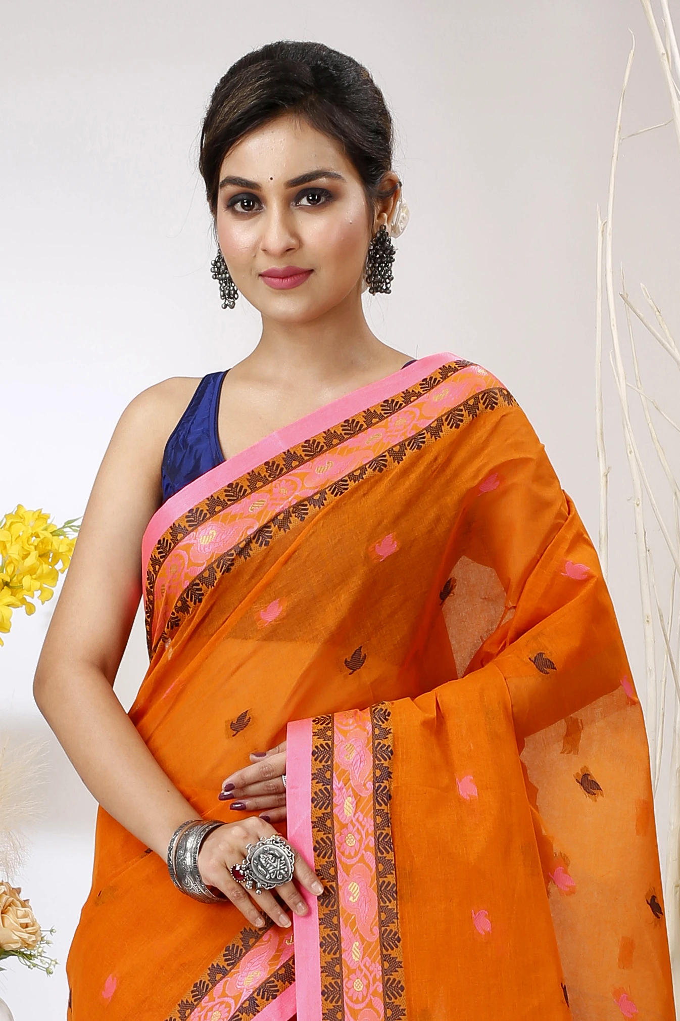 Orange Pure Cotton Leron Tant Saree (1431)