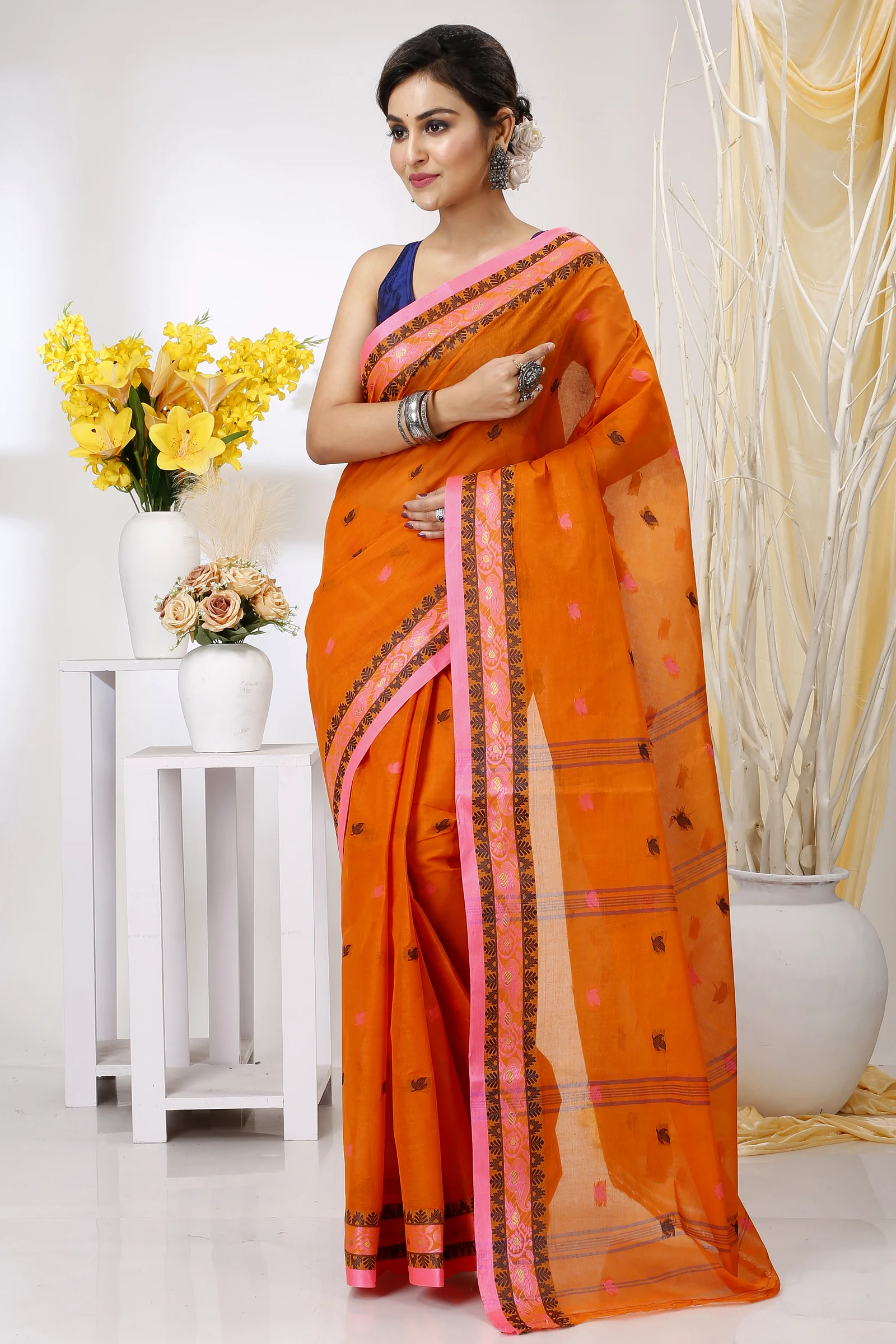 Orange Pure Cotton Leron Tant Saree (1431)