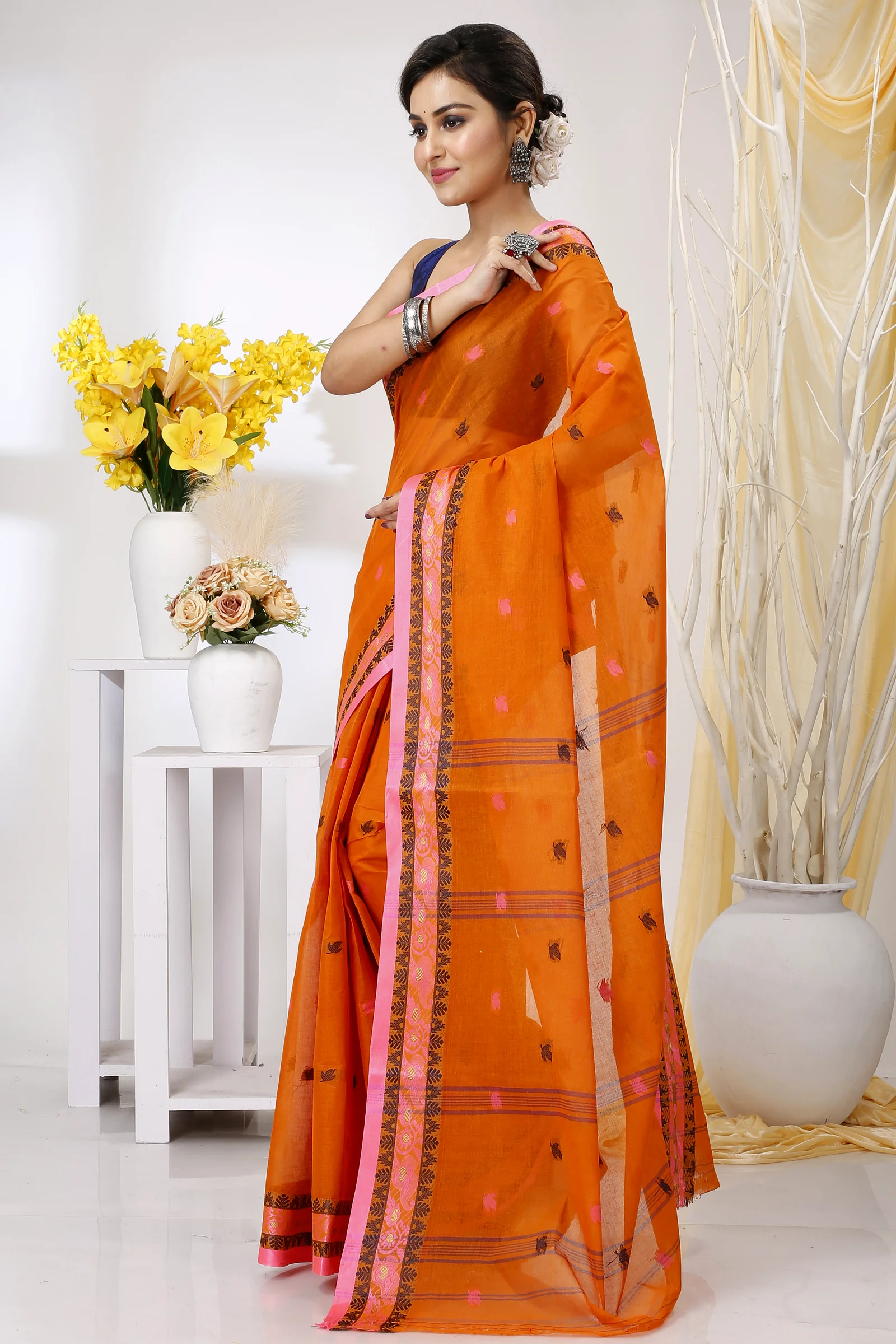 Orange Pure Cotton Leron Tant Saree (1431)