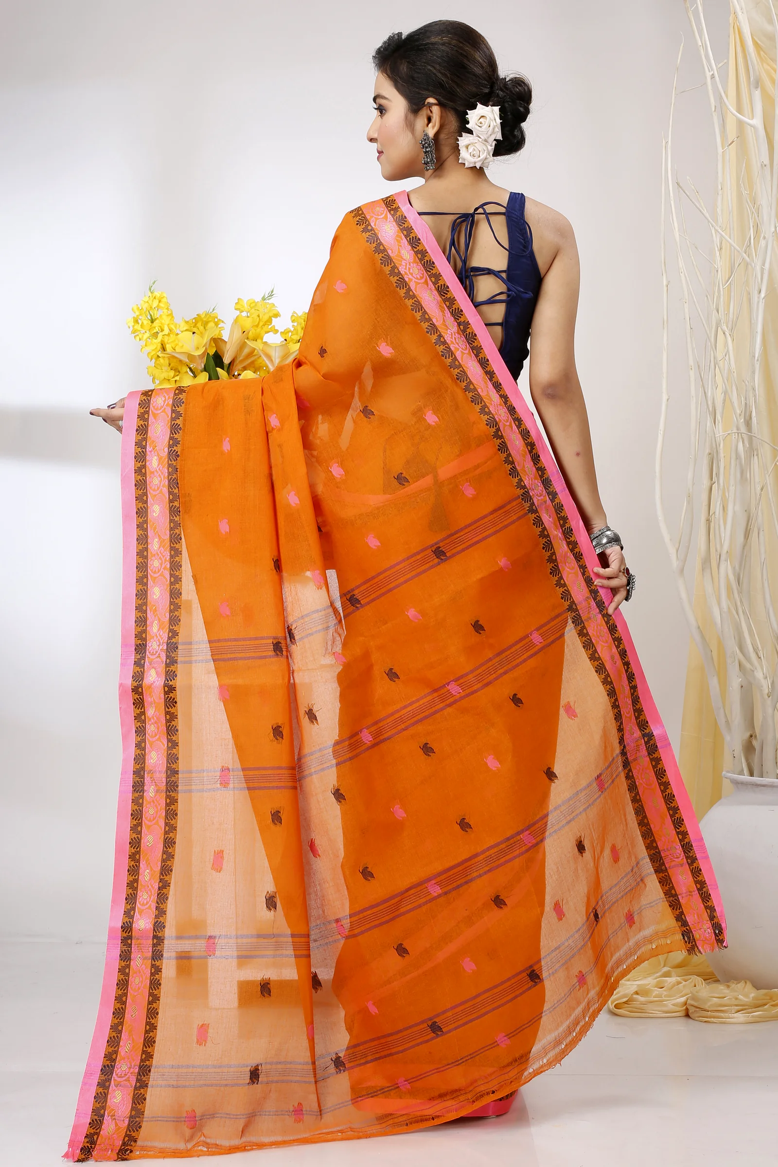 Orange Pure Cotton Leron Tant Saree (1431)