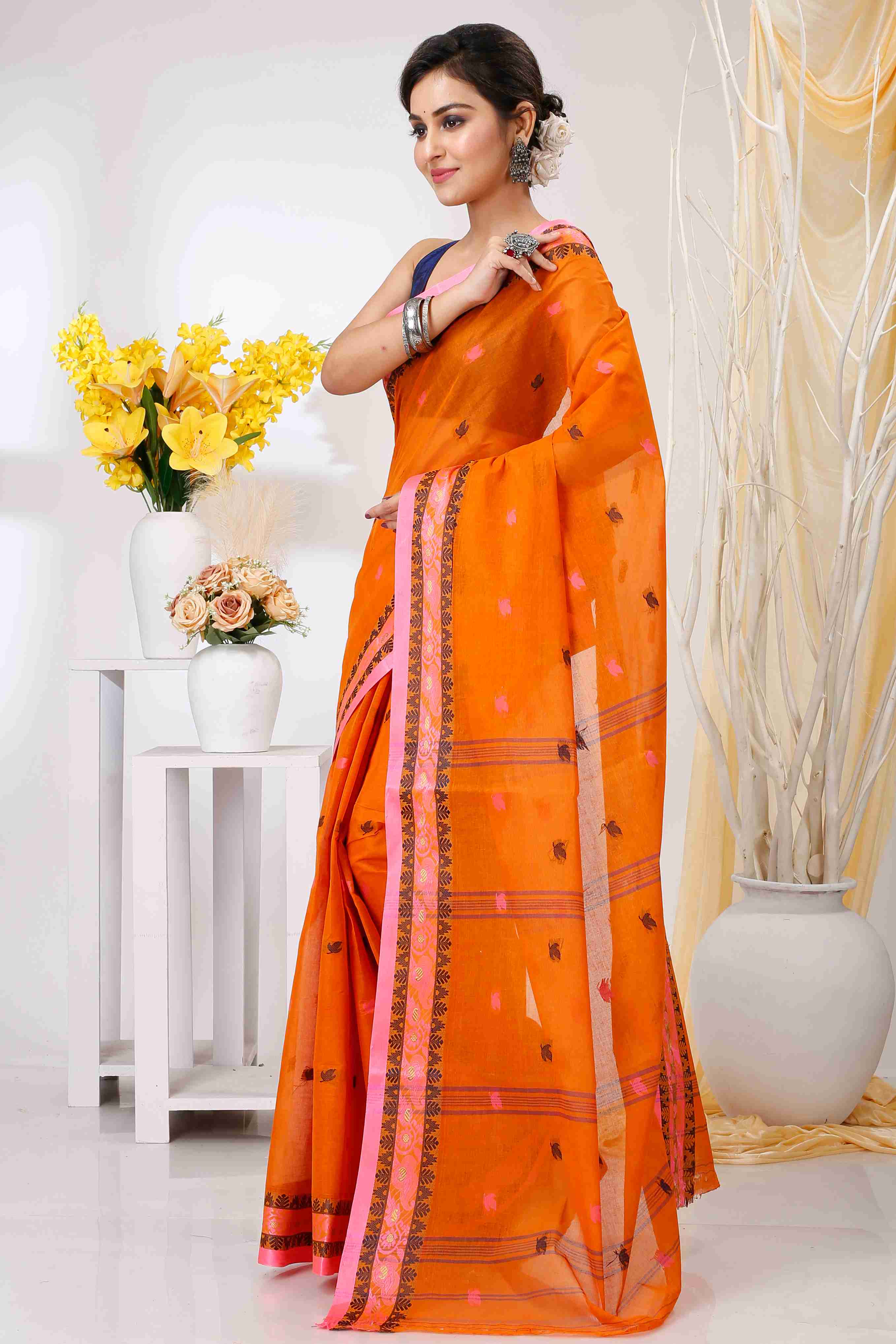 Orange Pure Cotton Leron Tant Saree (1431)
