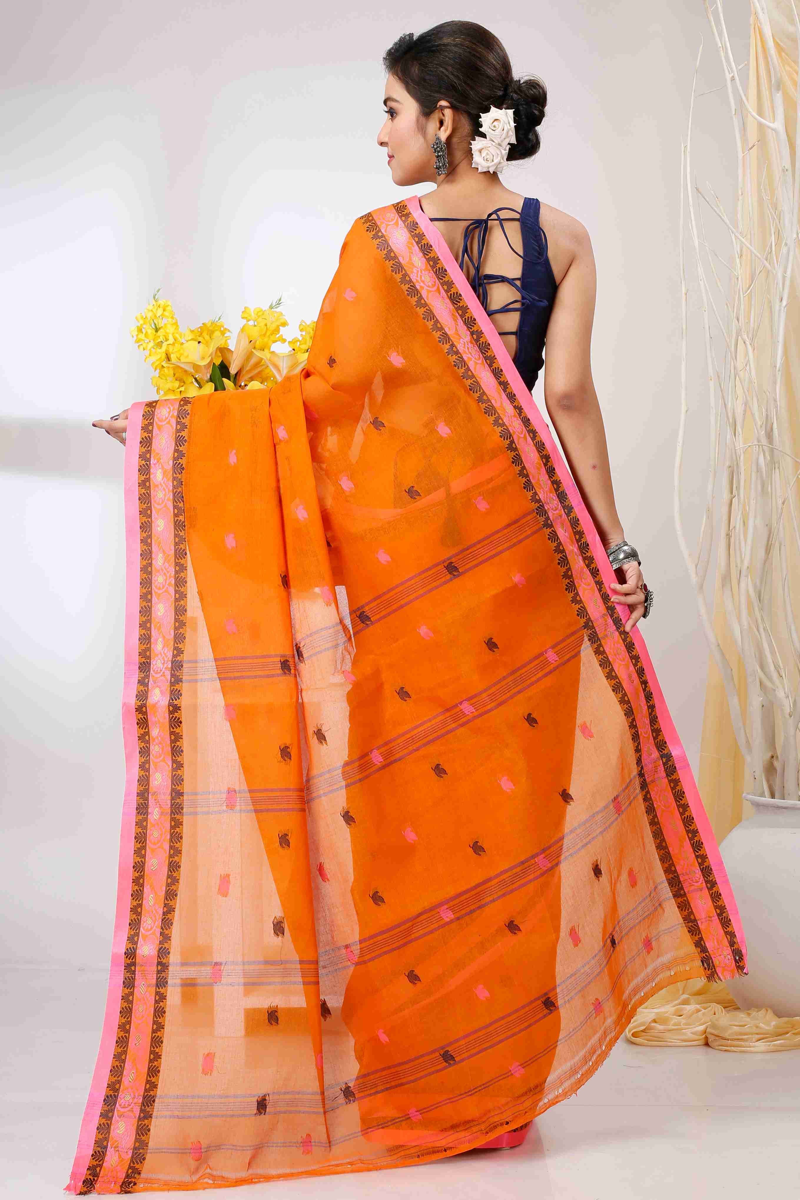 Orange Pure Cotton Leron Tant Saree (1431)