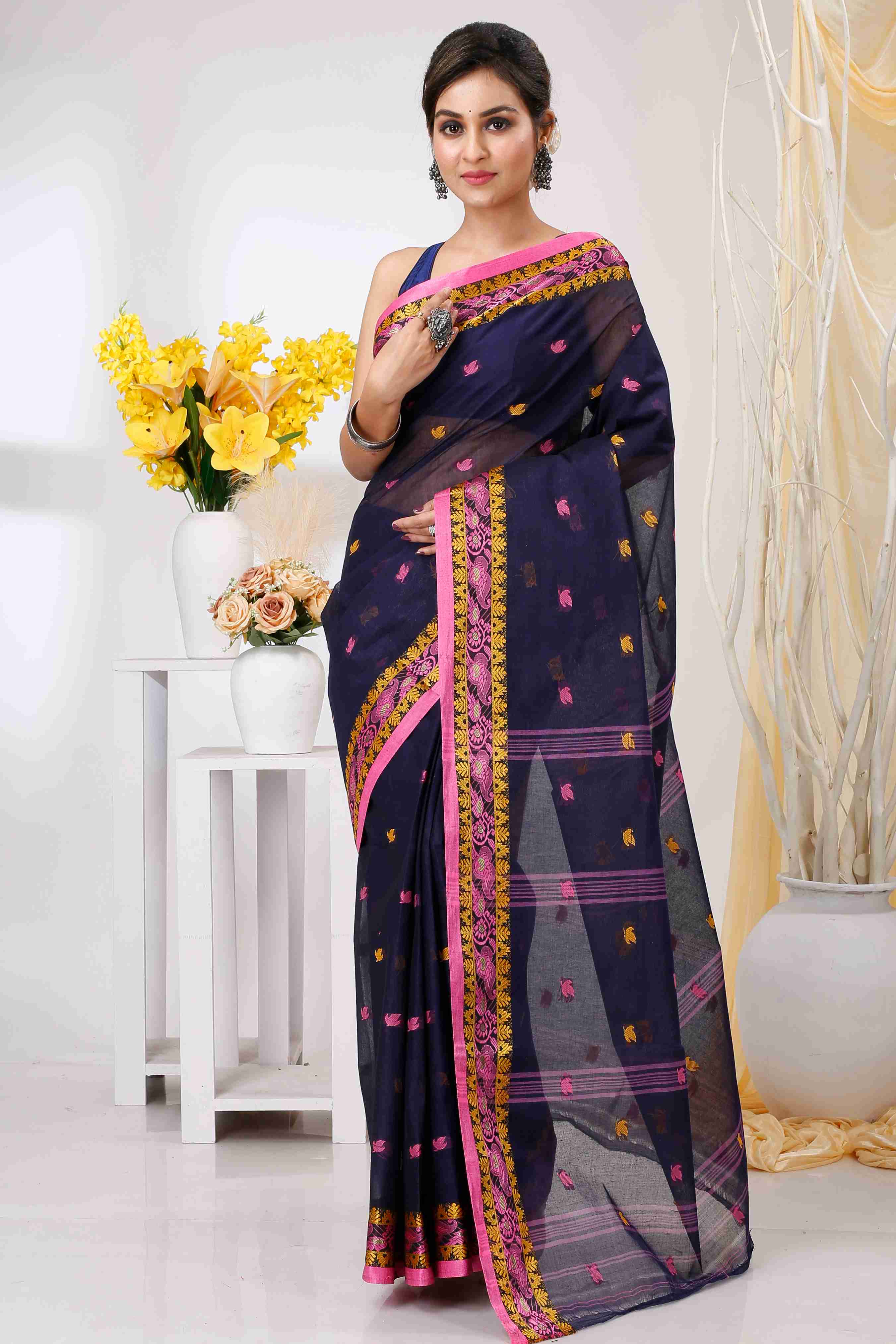 Naby Blue Pure Cotton Leron Tant Saree (1432)