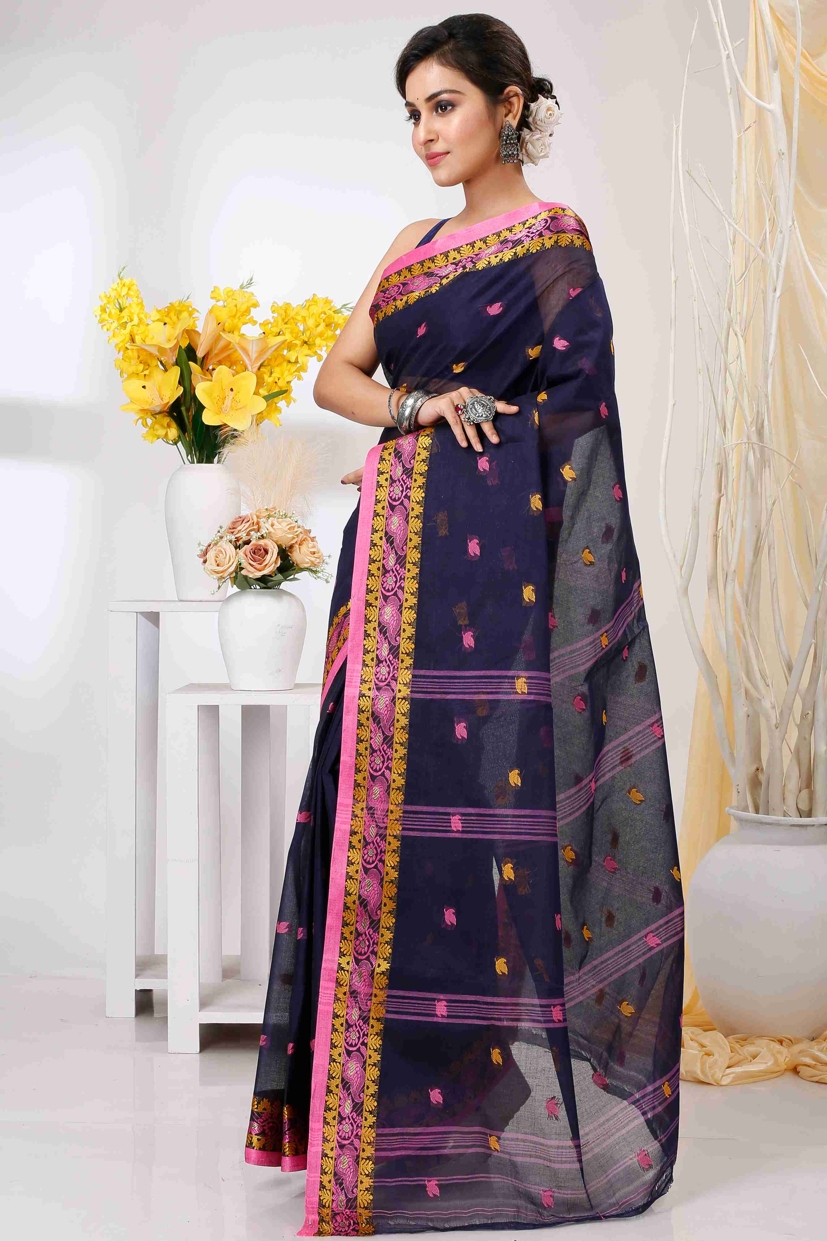 Naby Blue Pure Cotton Leron Tant Saree (1432)