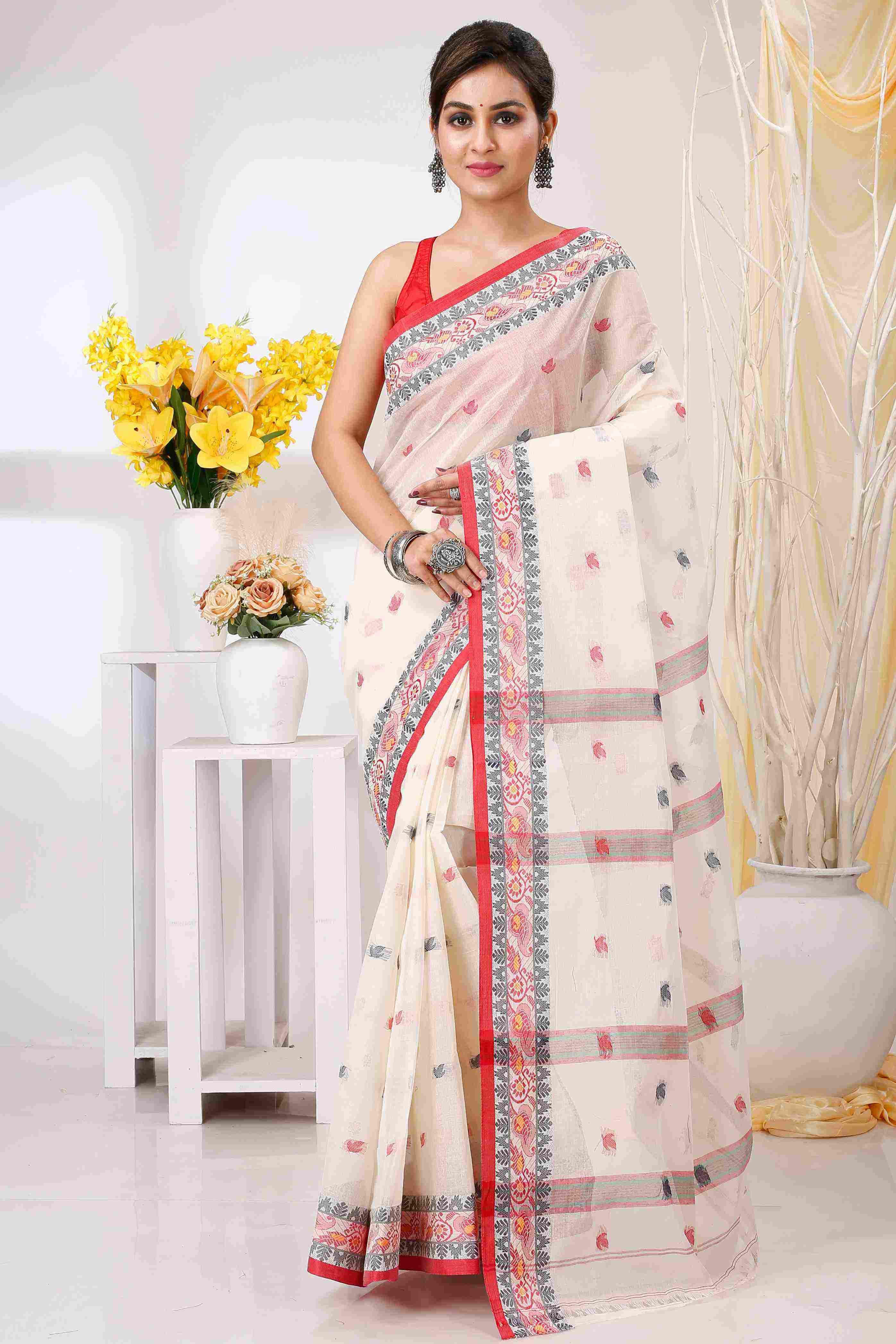 White Pure Cotton Leron Tant Saree (1434)