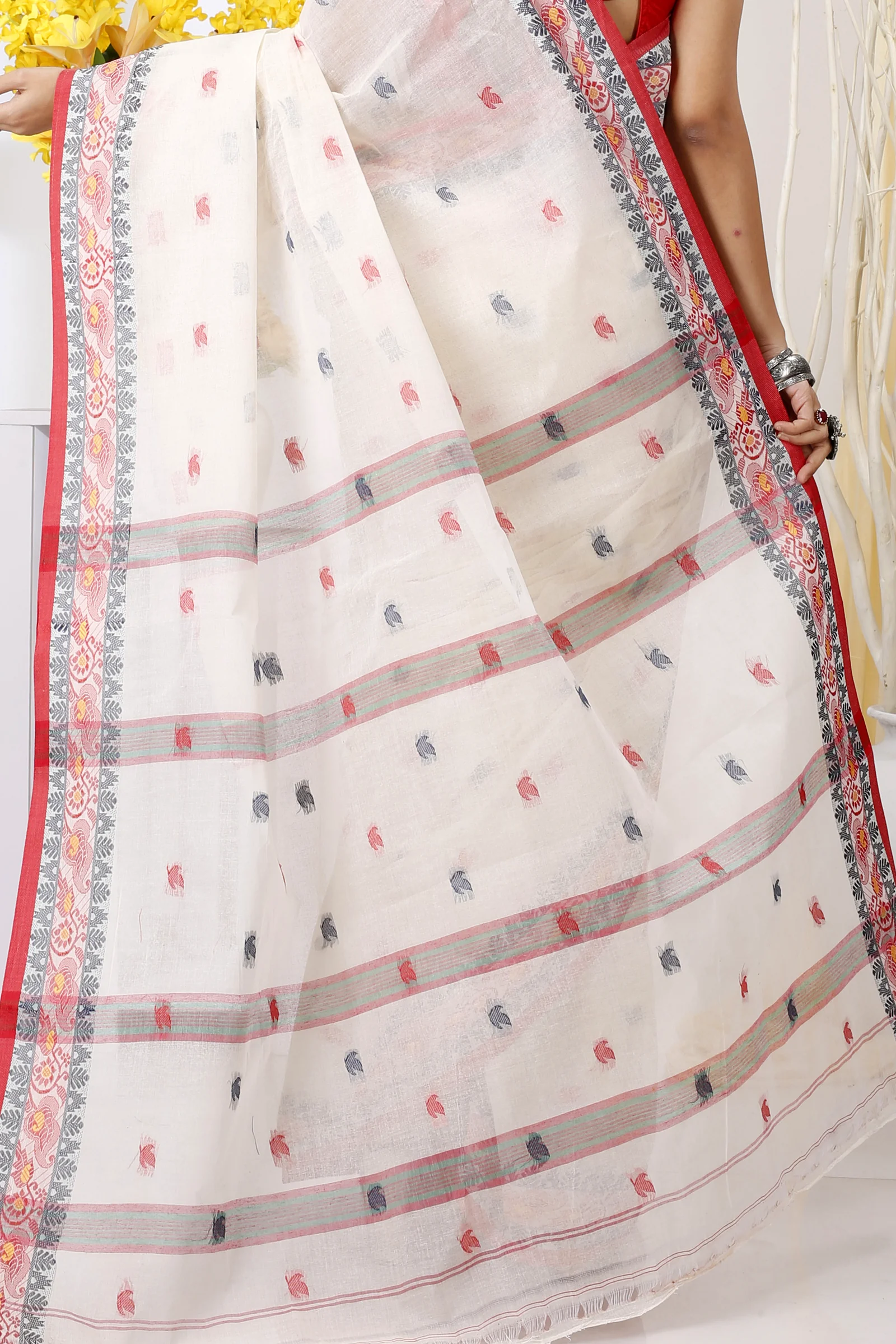 White Pure Cotton Leron Tant Saree (1434)