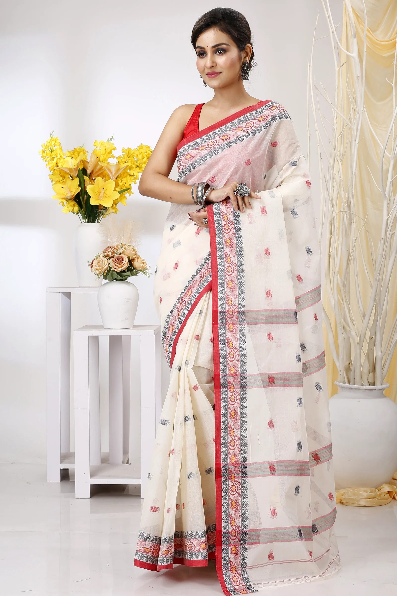 White Pure Cotton Leron Tant Saree (1434)