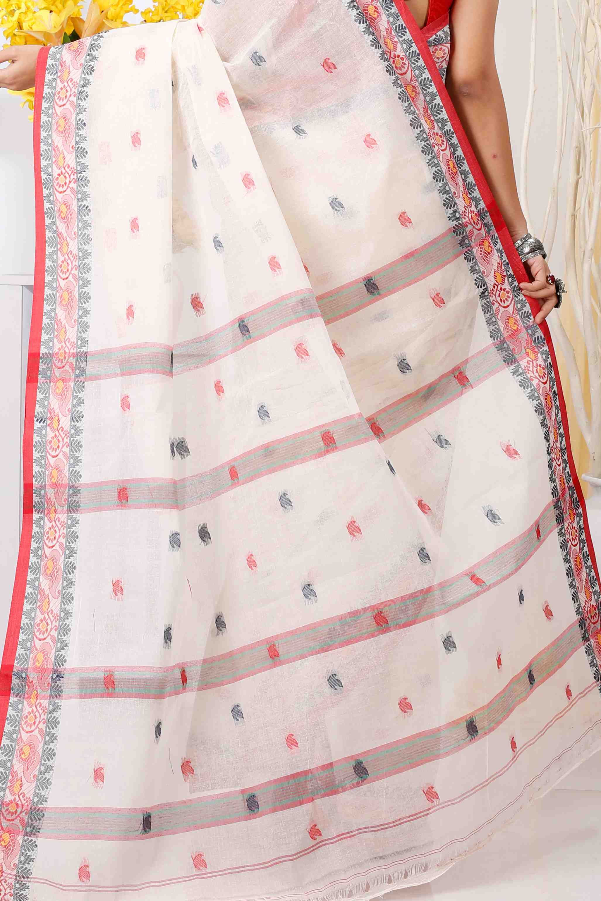 White Pure Cotton Leron Tant Saree (1434)