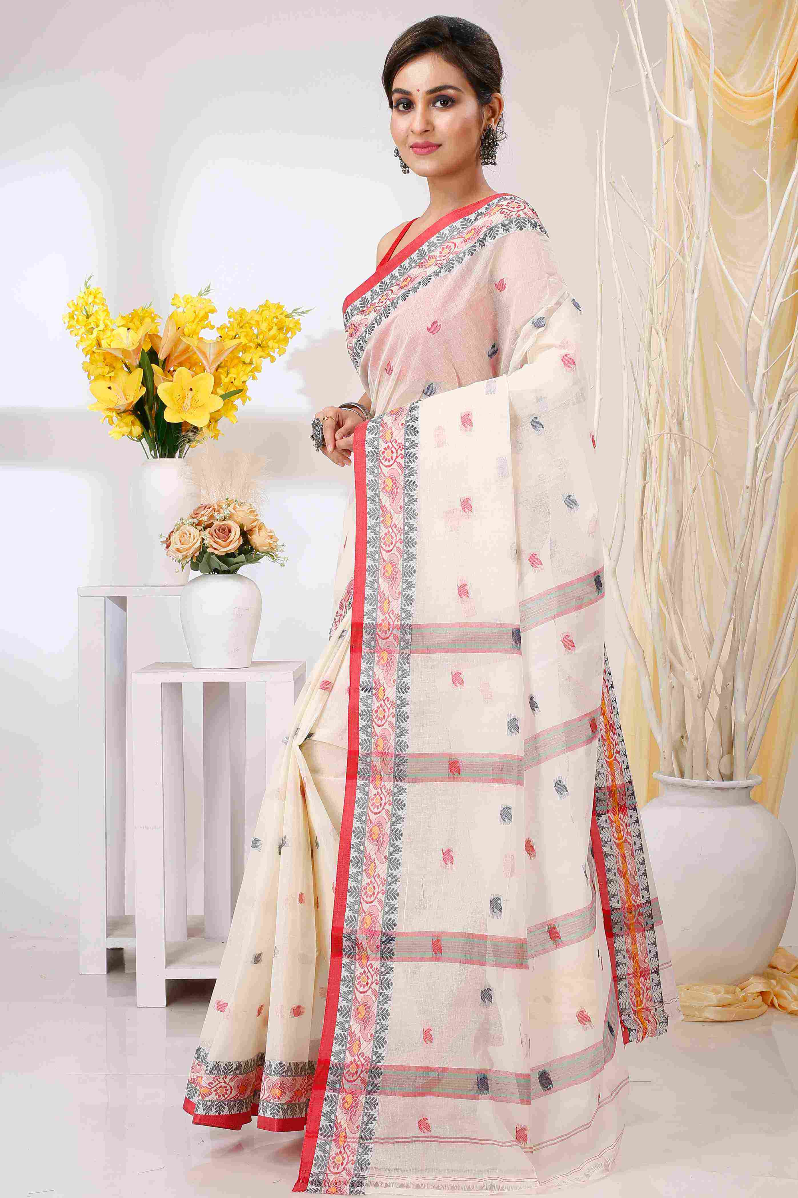 White Pure Cotton Leron Tant Saree (1434)