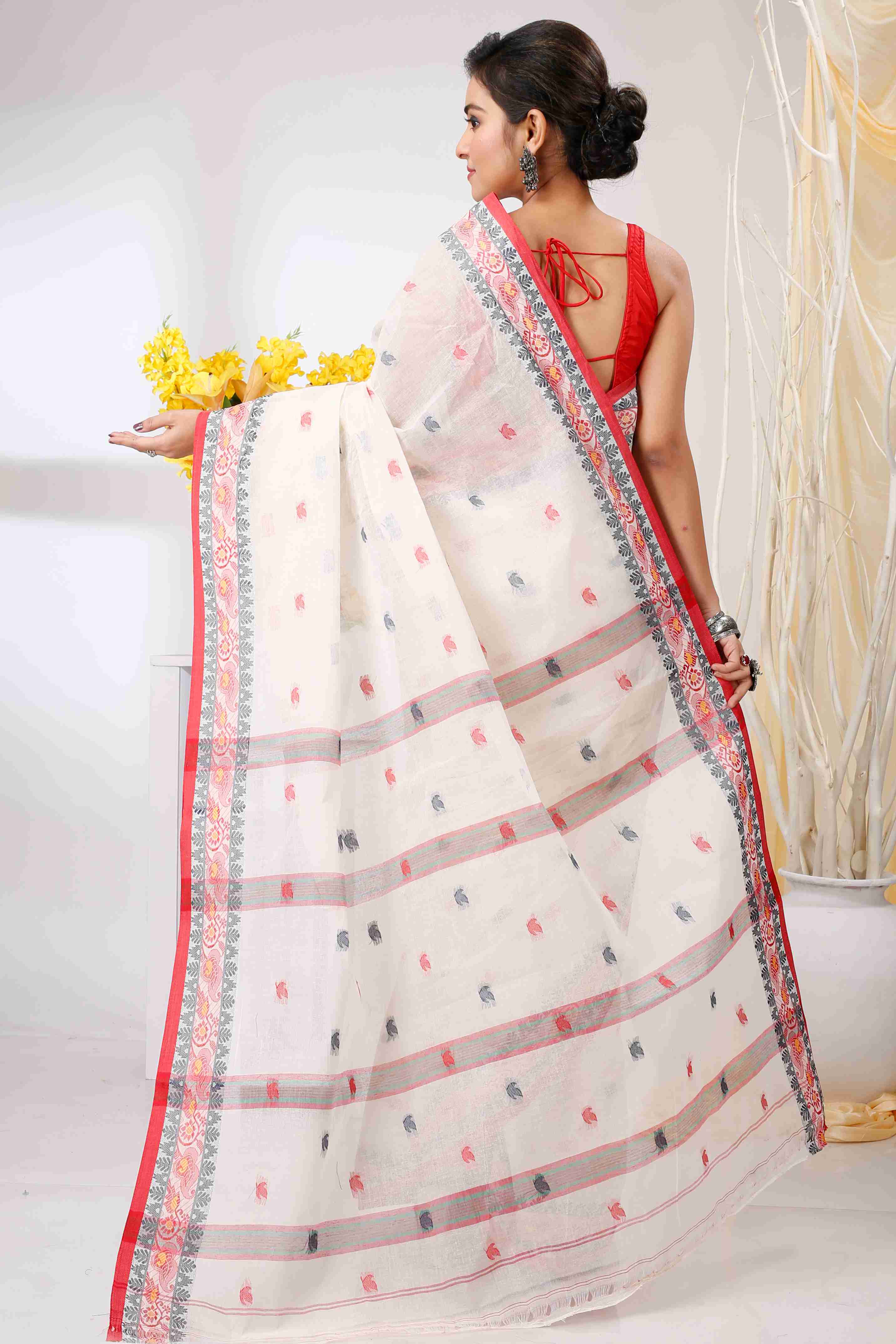 White Pure Cotton Leron Tant Saree (1434)