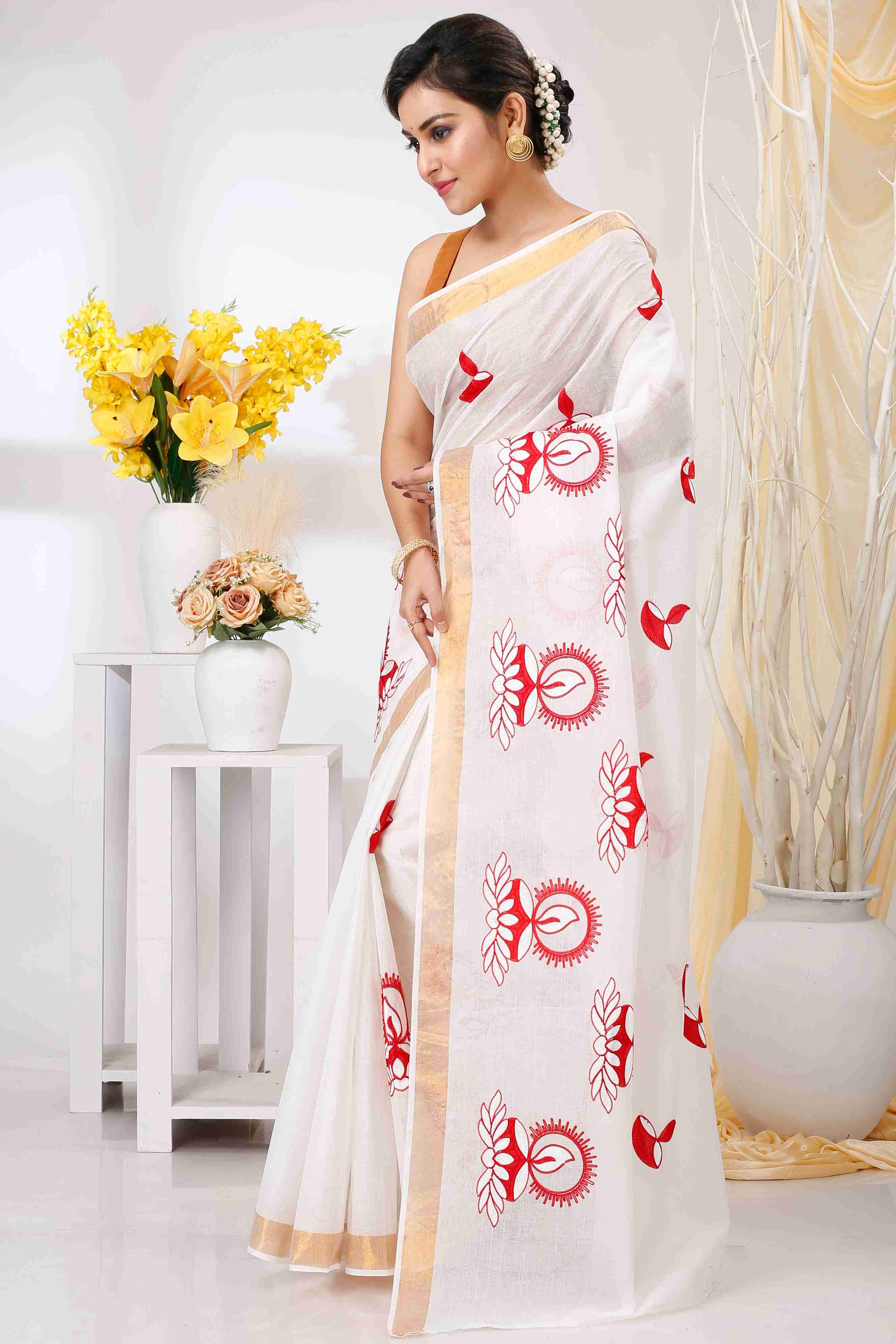 White Pure Cotton Leo Tant Embroidery (1435)