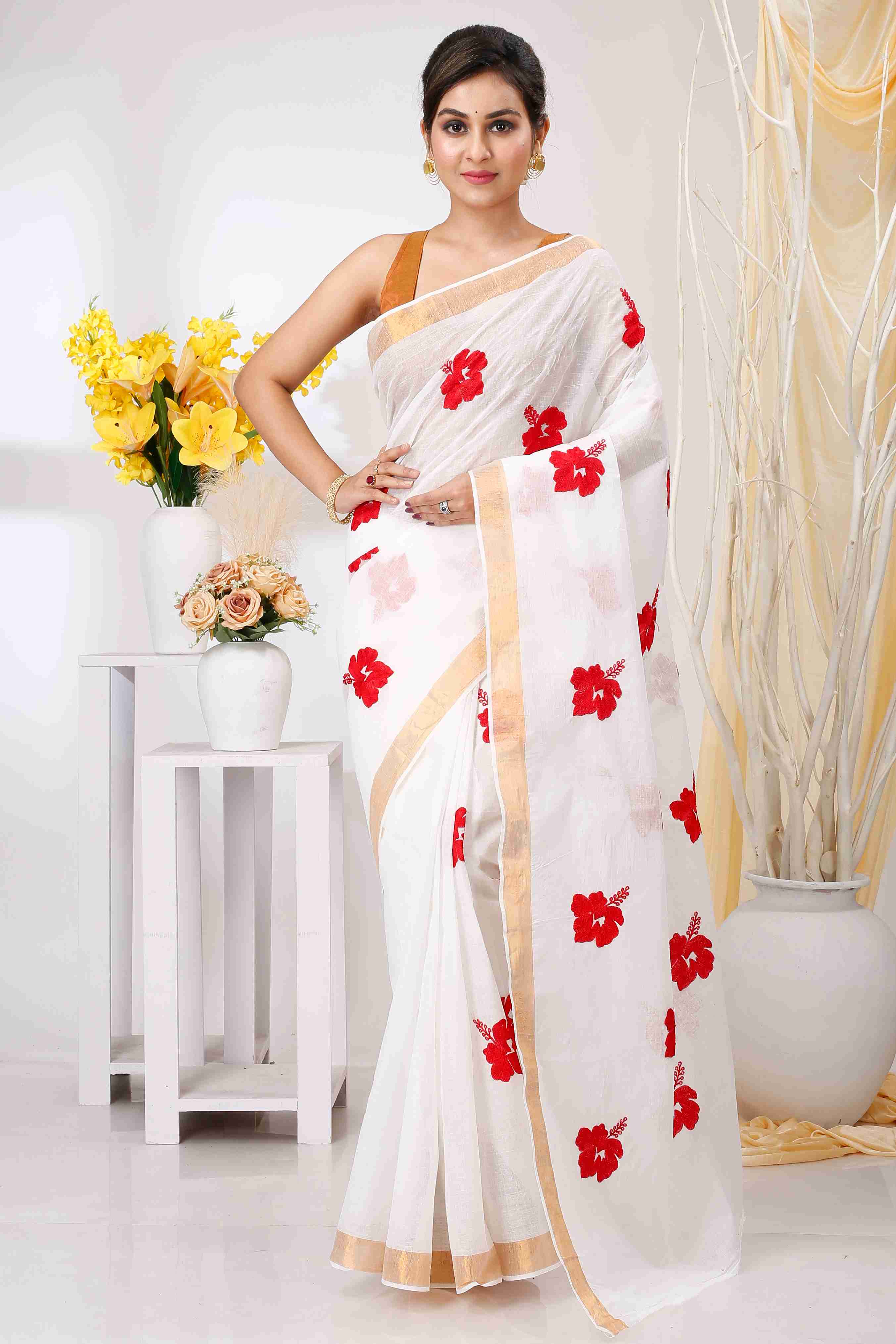 White Golden Pure Cotton Leo Tant Embroidery (1436)