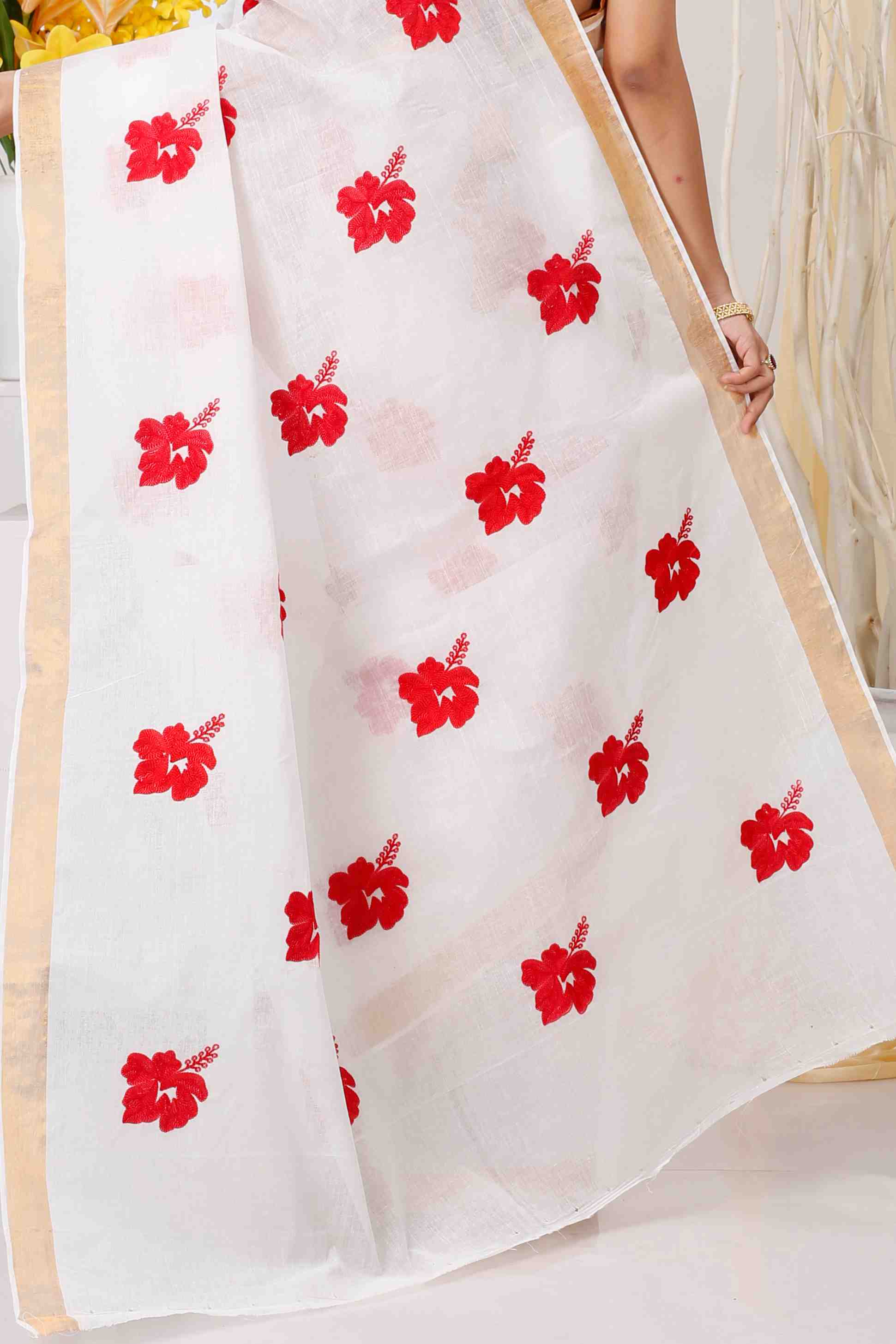 White Golden Pure Cotton Leo Tant Embroidery (1436)