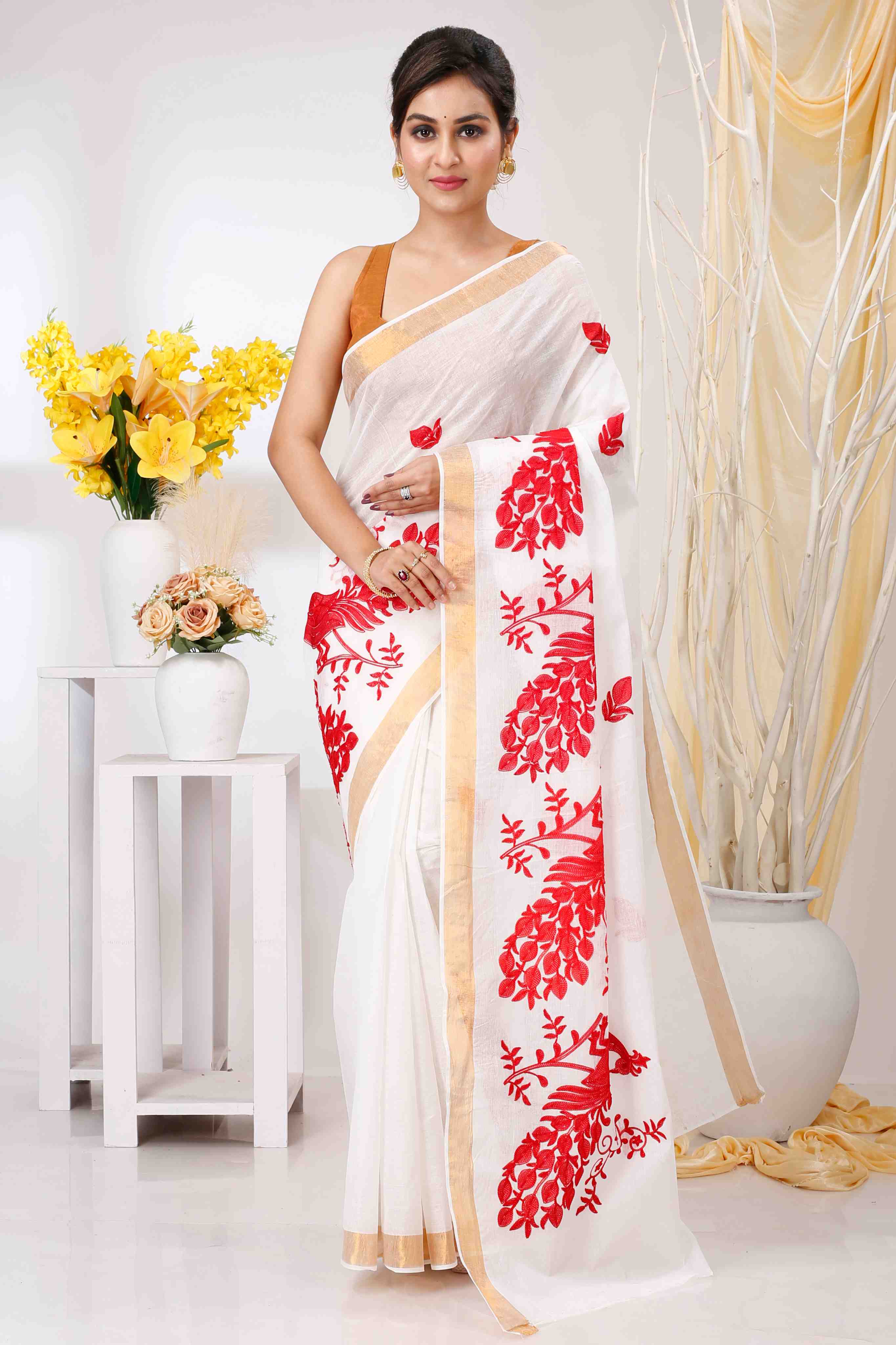 White Red Pure Cotton Leo Tant Embroidery (1437)