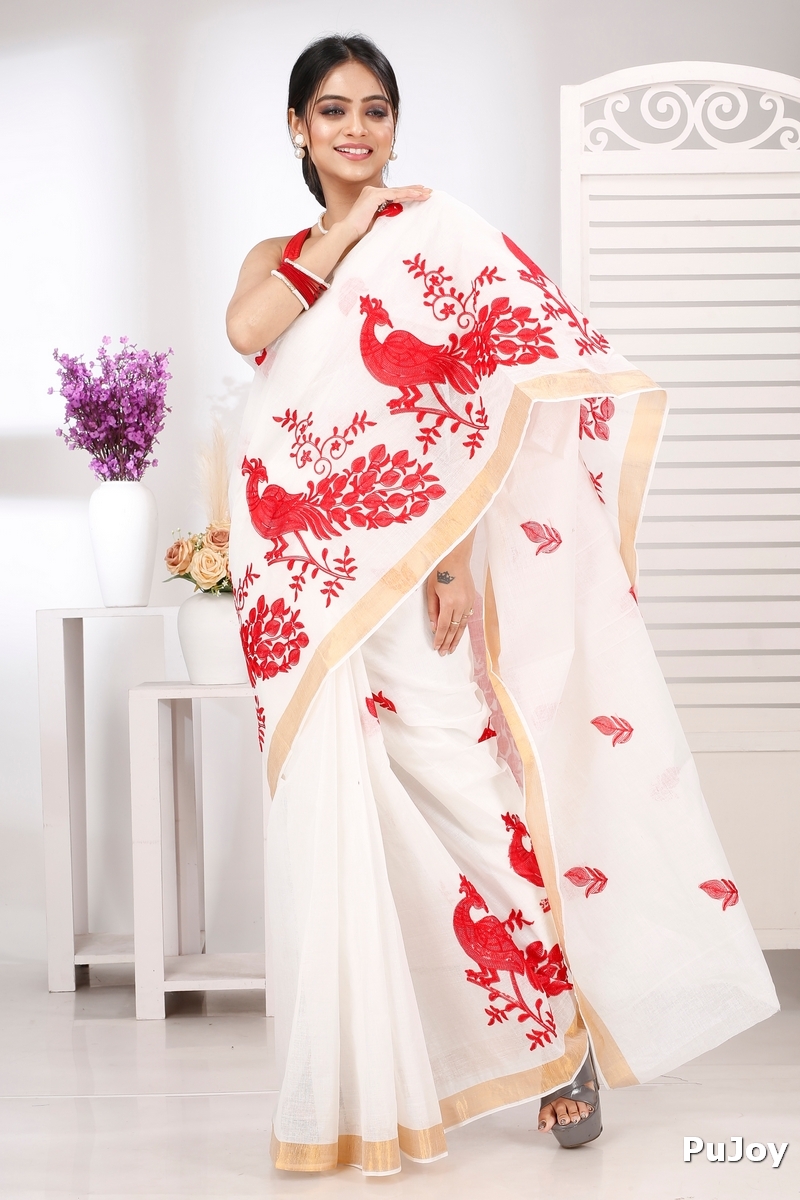 White Red Pure Cotton Leo Tant Embroidery (1437)