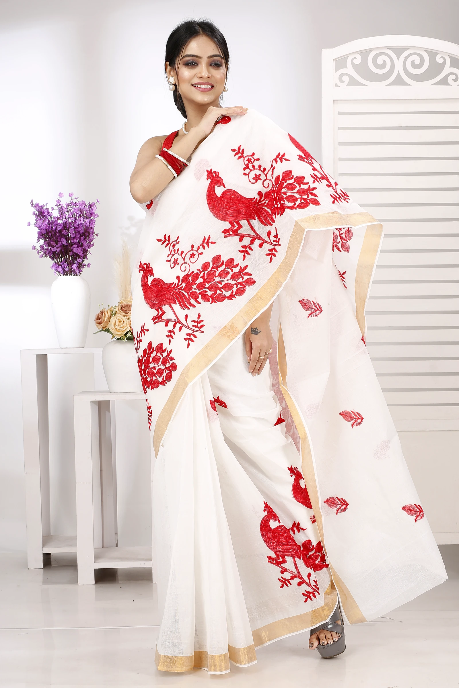 White Red Pure Cotton Leo Tant Embroidery (1437)