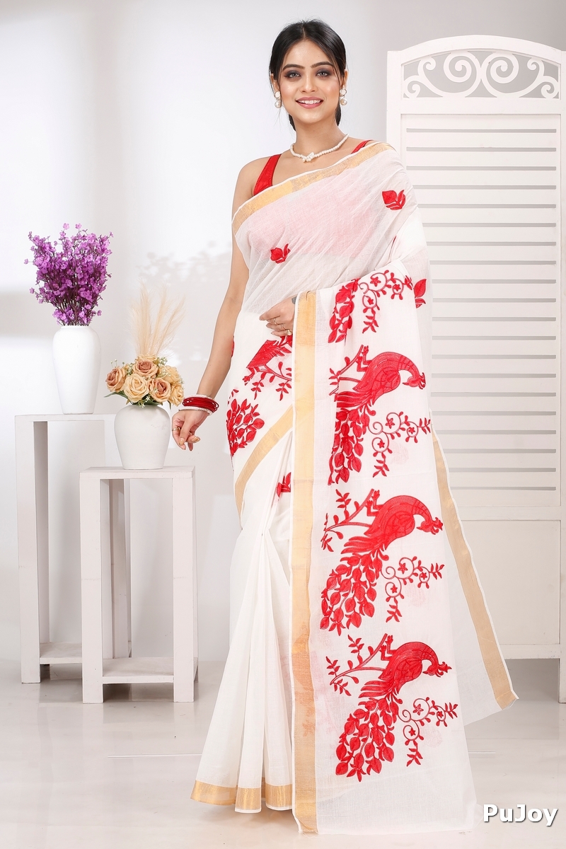 White Red Pure Cotton Leo Tant Embroidery (1437)