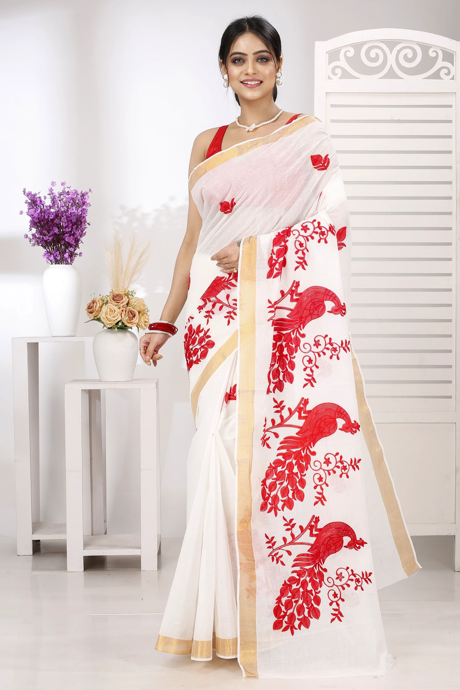 White Red Pure Cotton Leo Tant Embroidery (1437)