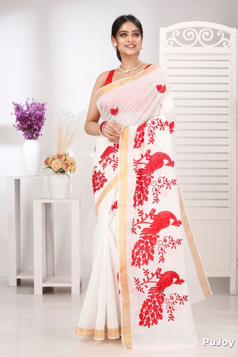 White Red Pure Cotton Leo Tant Embroidery (1437)
