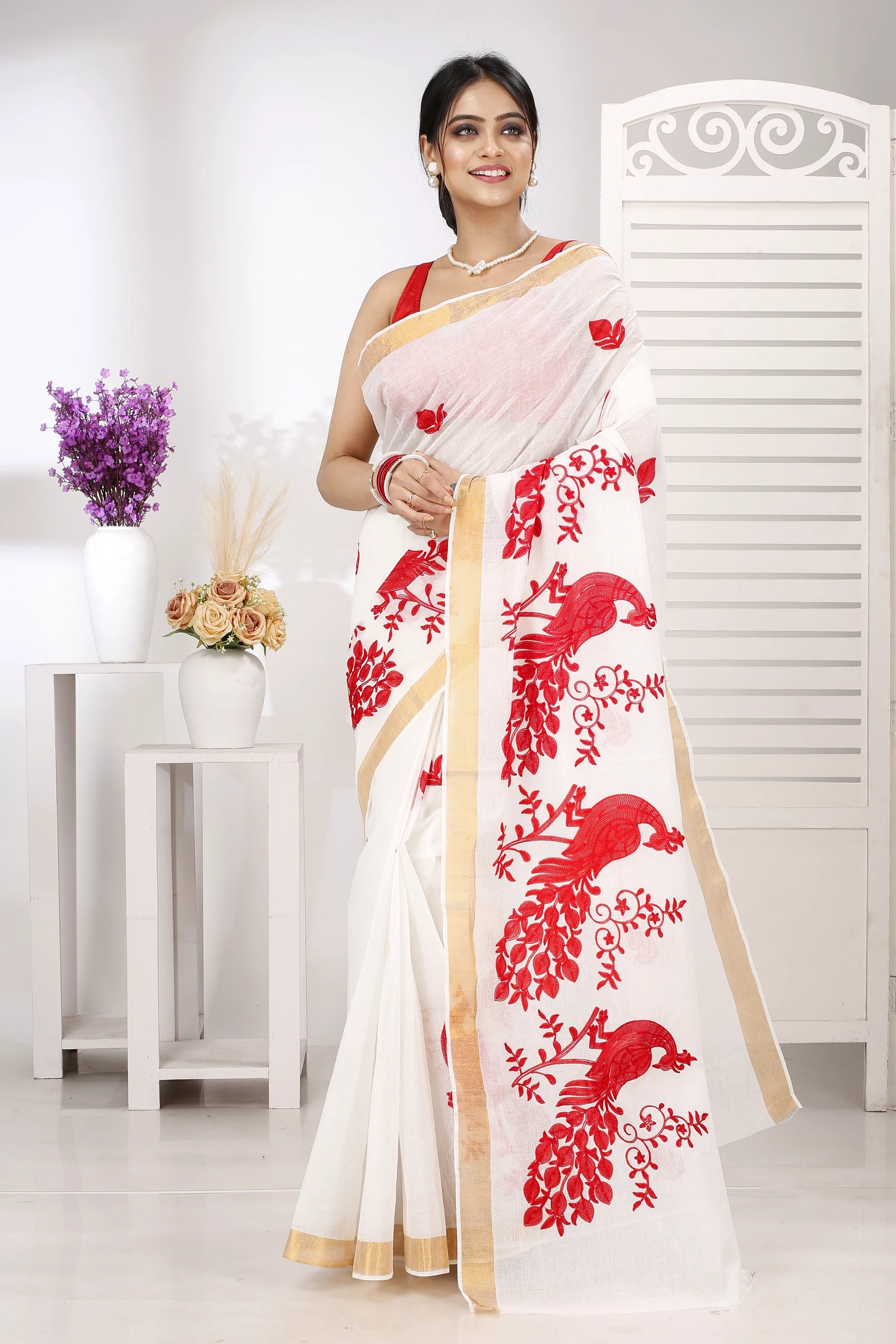 White Red Pure Cotton Leo Tant Embroidery (1437)