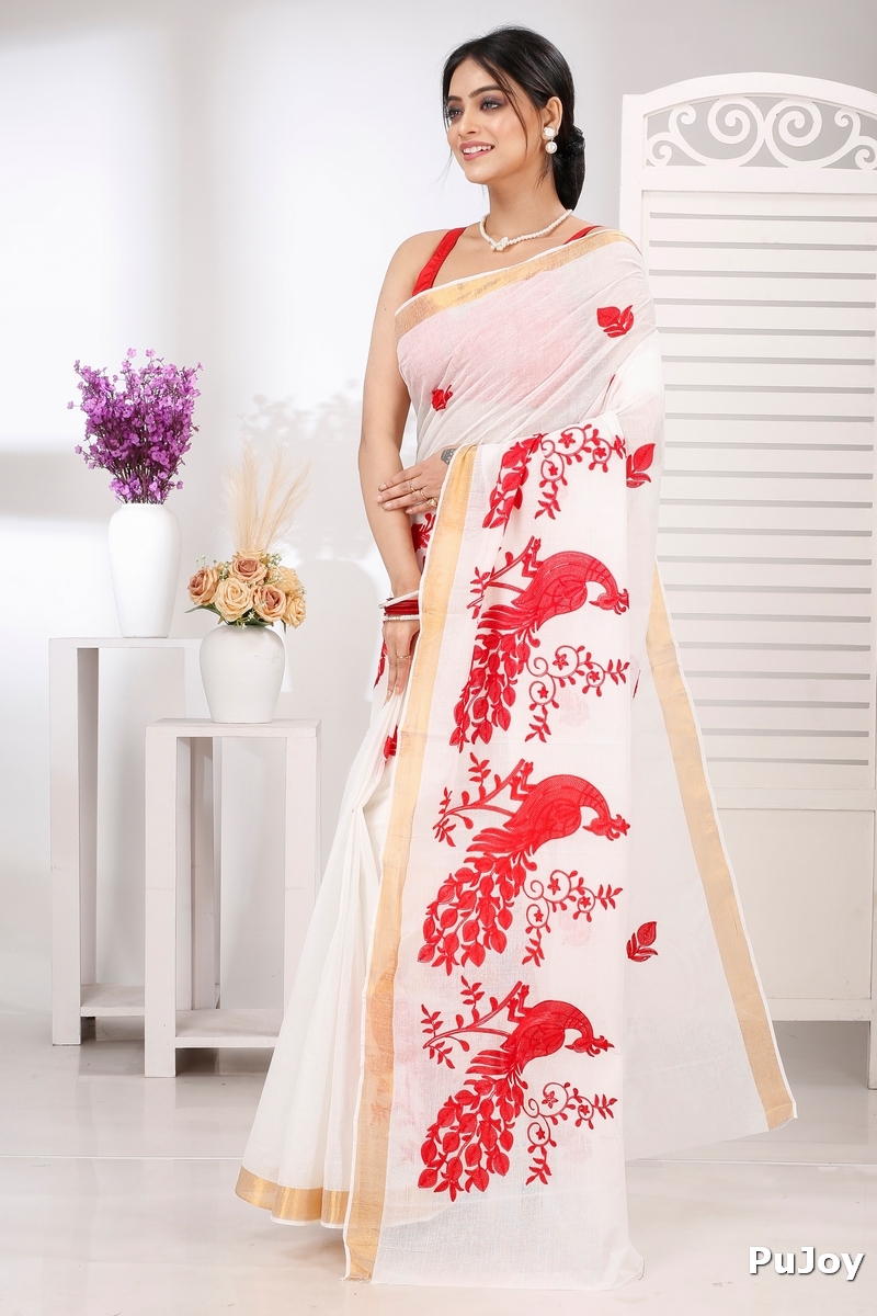 White Red Pure Cotton Leo Tant Embroidery (1437)