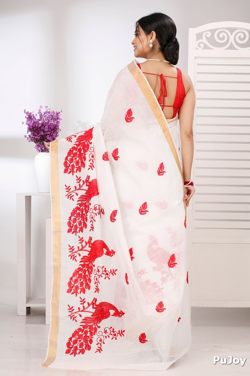 White Red Pure Cotton Leo Tant Embroidery (1437)