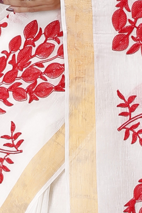 White Red Pure Cotton Leo Tant Embroidery (1437)