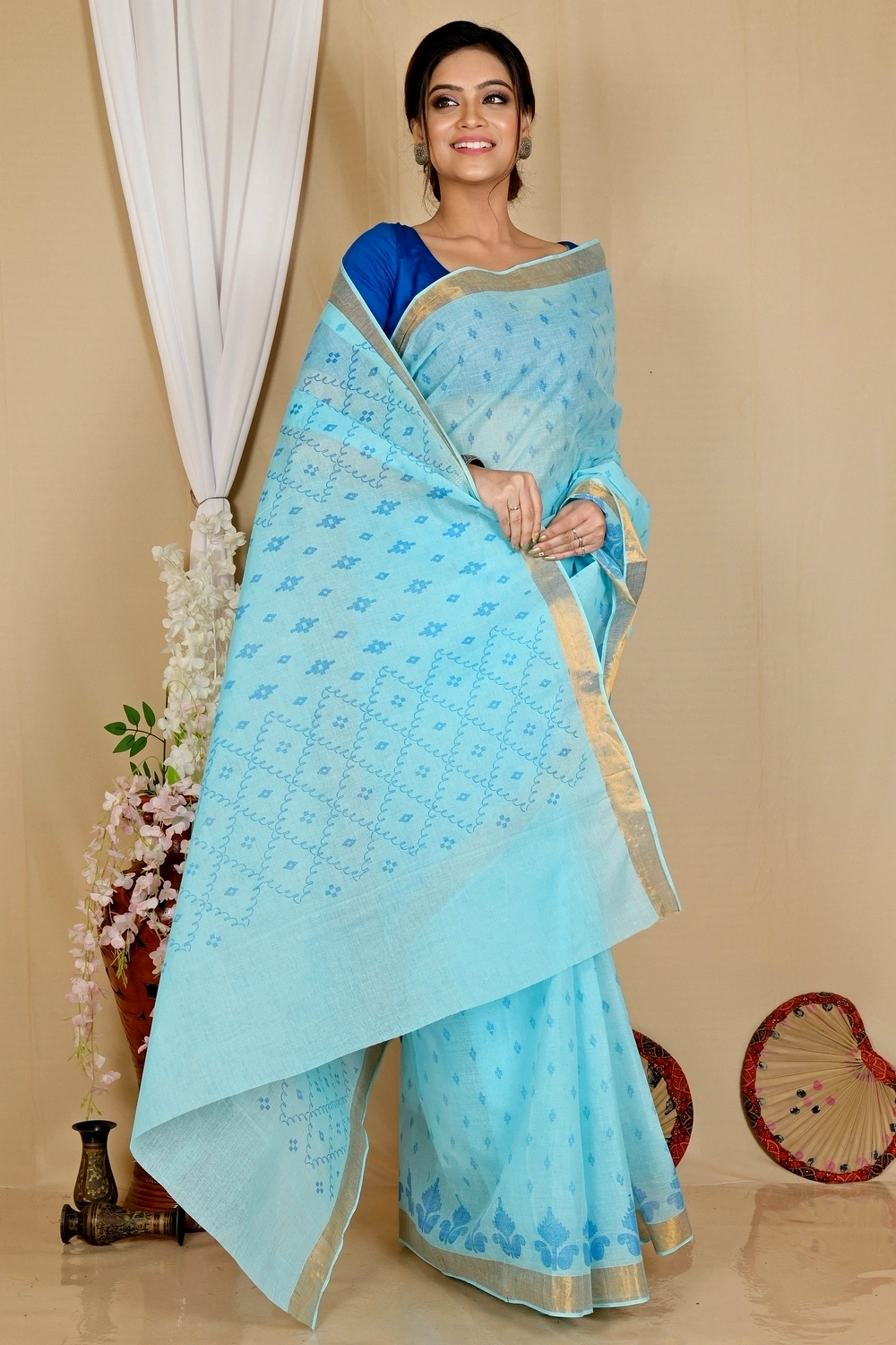 Sky Blue Pure Cotton Luvya Tant Saree Print (1442)