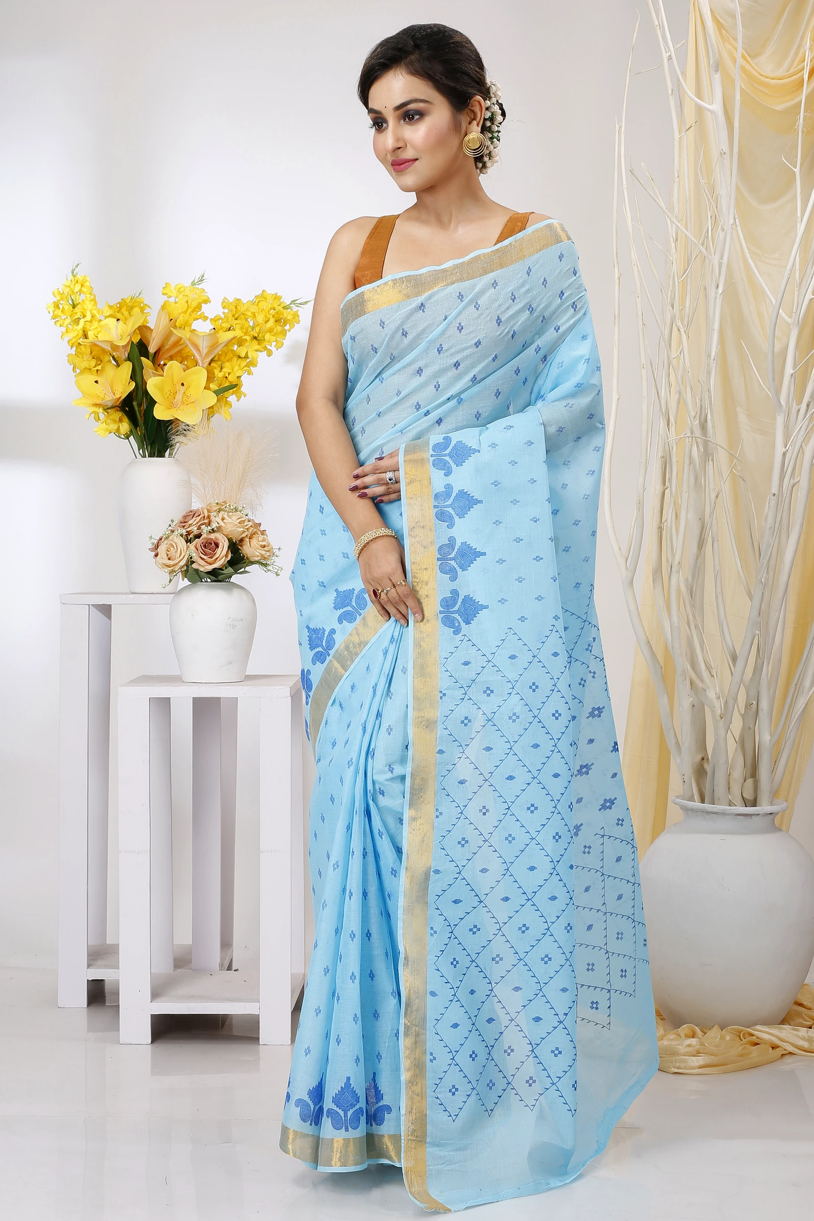 Sky Blue Pure Cotton Luvya Tant Saree Print (1442)