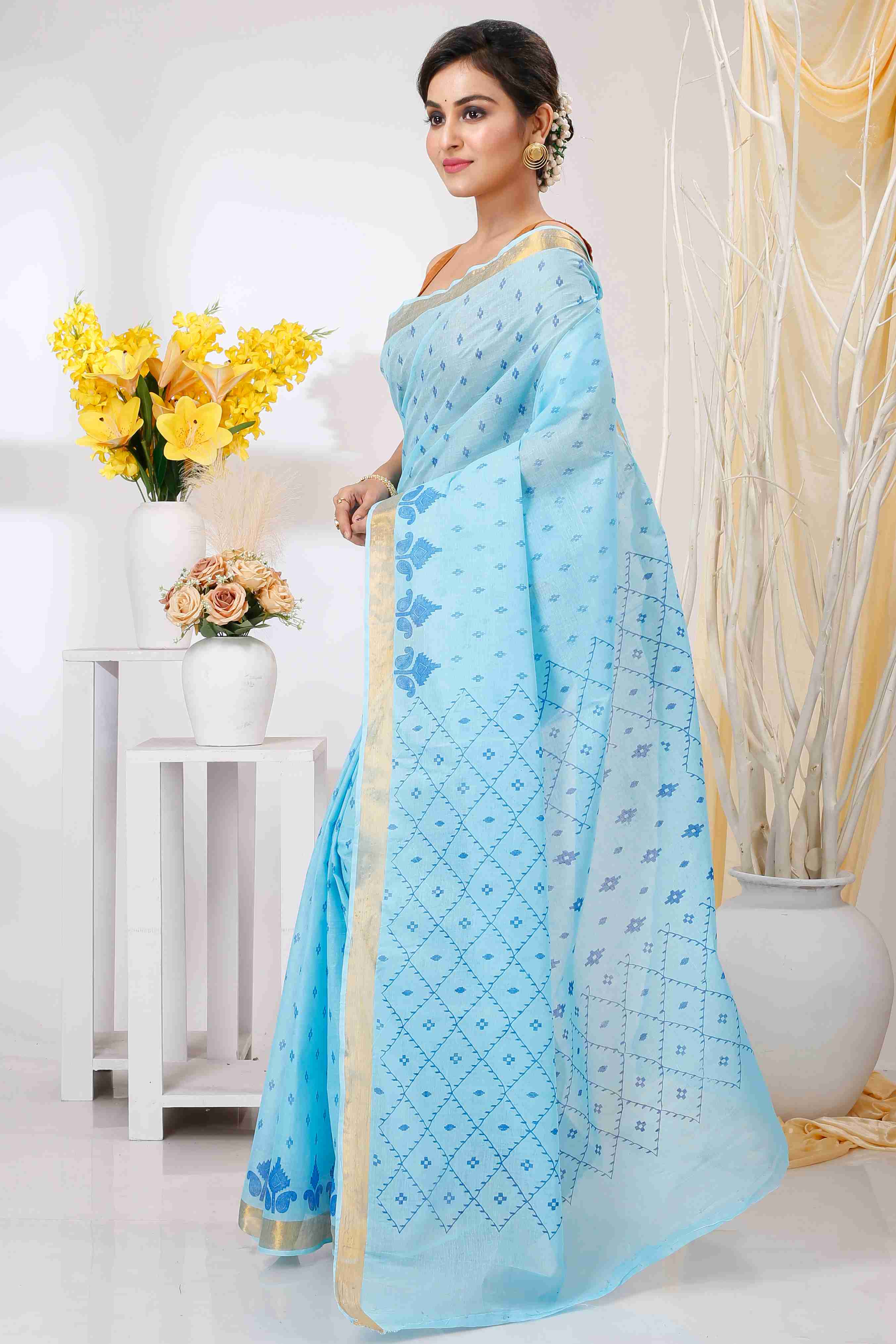 Sky Blue Pure Cotton Luvya Tant Saree Print (1442)
