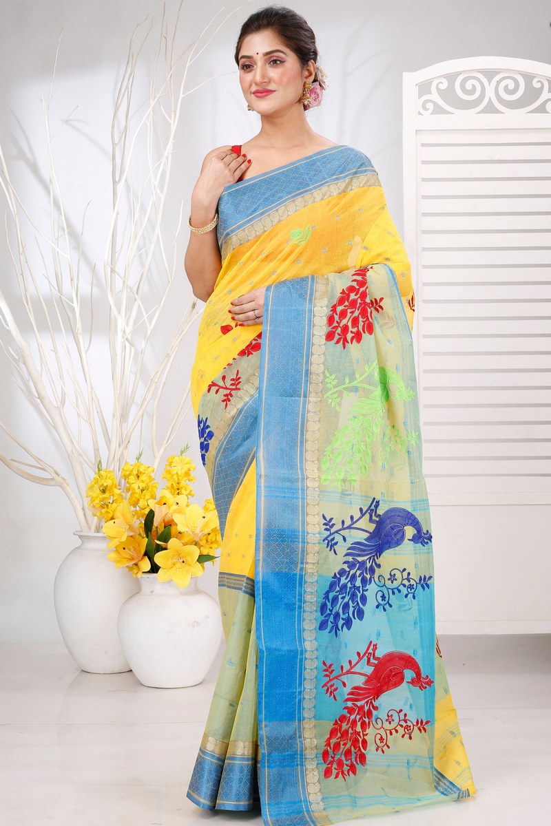 Yellow Pure Cotton Embi Ganga Moyur Tant Embroidery (1444)